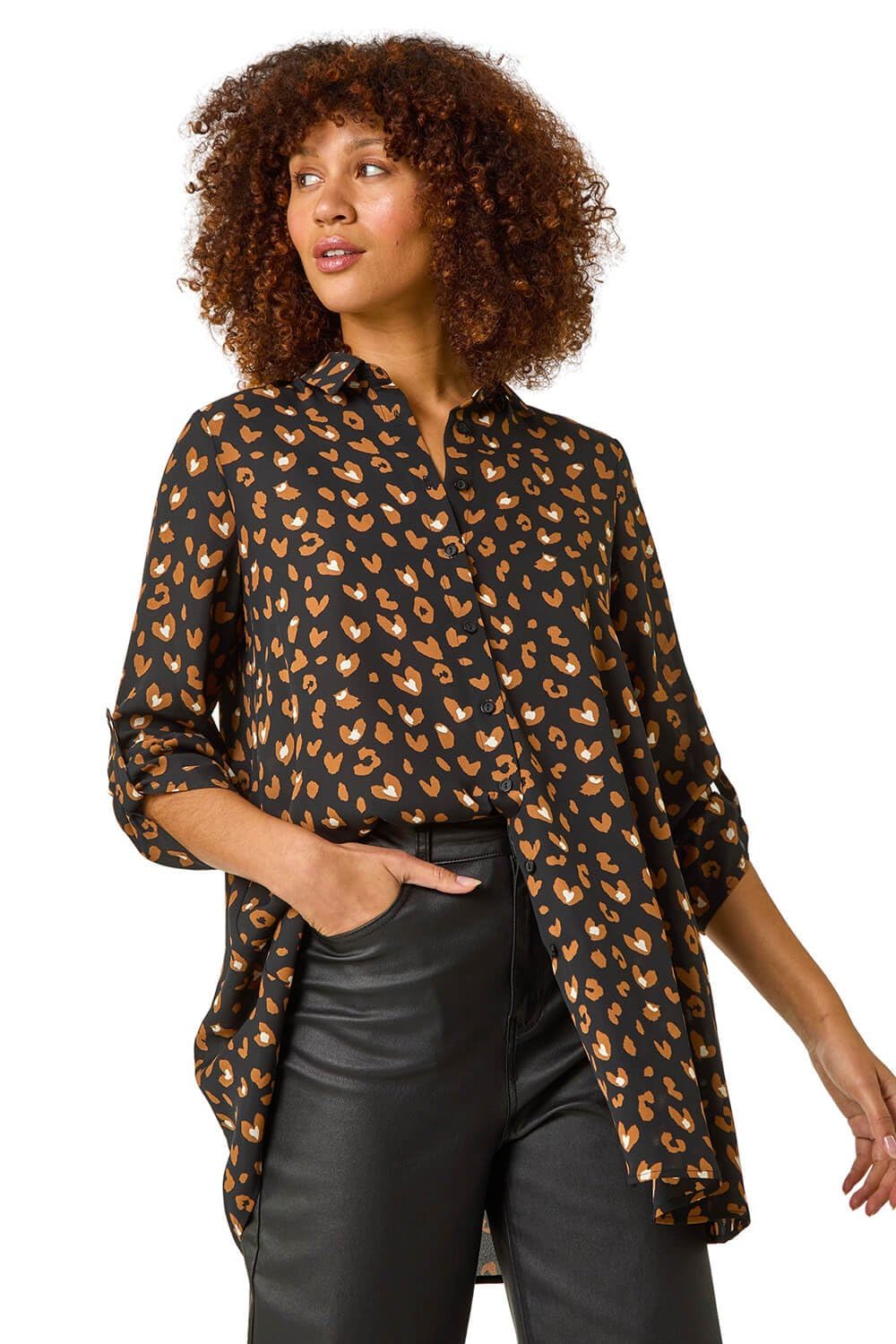 Roman Originals Women's Noir Orange Shirt For Cotton Blouse Button Through Tunic Printed Top Work Long Sleeve Smart Casual Going Out Work Office V Neck Everyday Evening Event - Size 14
