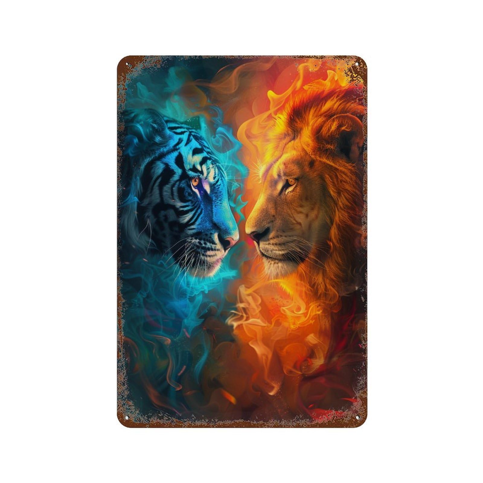 Decorative Tin Sign with Tiger Lion Fire Water Art Print Design 11.8"x7.9", for Farmhouse, Kitchen And Entryway Decor, Decorative Metal Wall Art