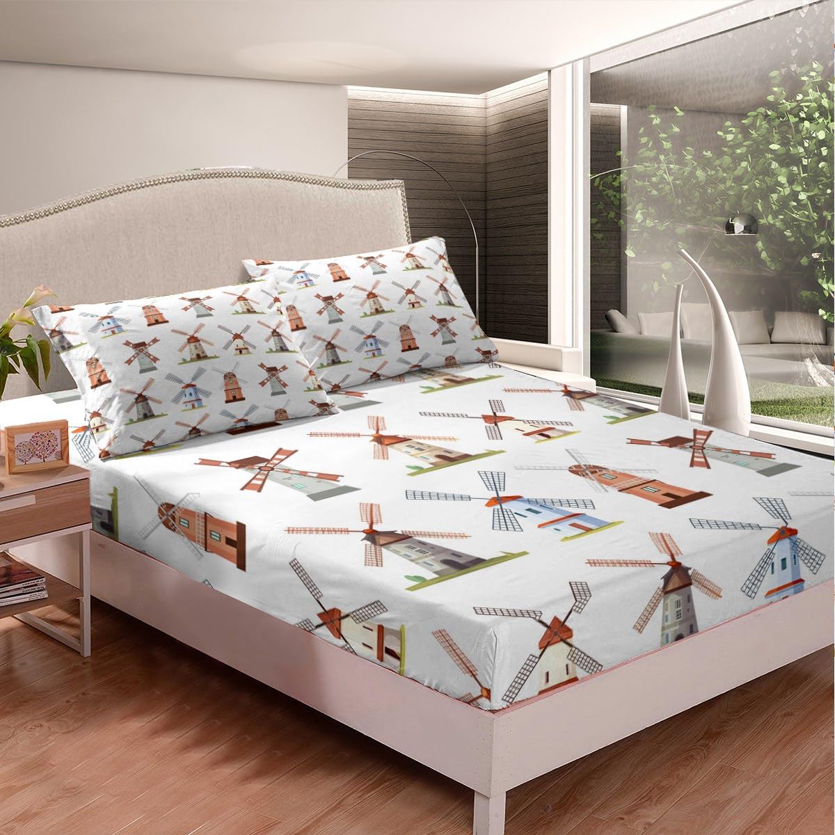 Erosebridal Wooden Windmill Bed Sheets Set Queen, Stone Mill Sheet Set for Kids, Holland Building European Rural Structure Sheets, Grain Bread Millstones Wheat Vintage Architecture Bed Set