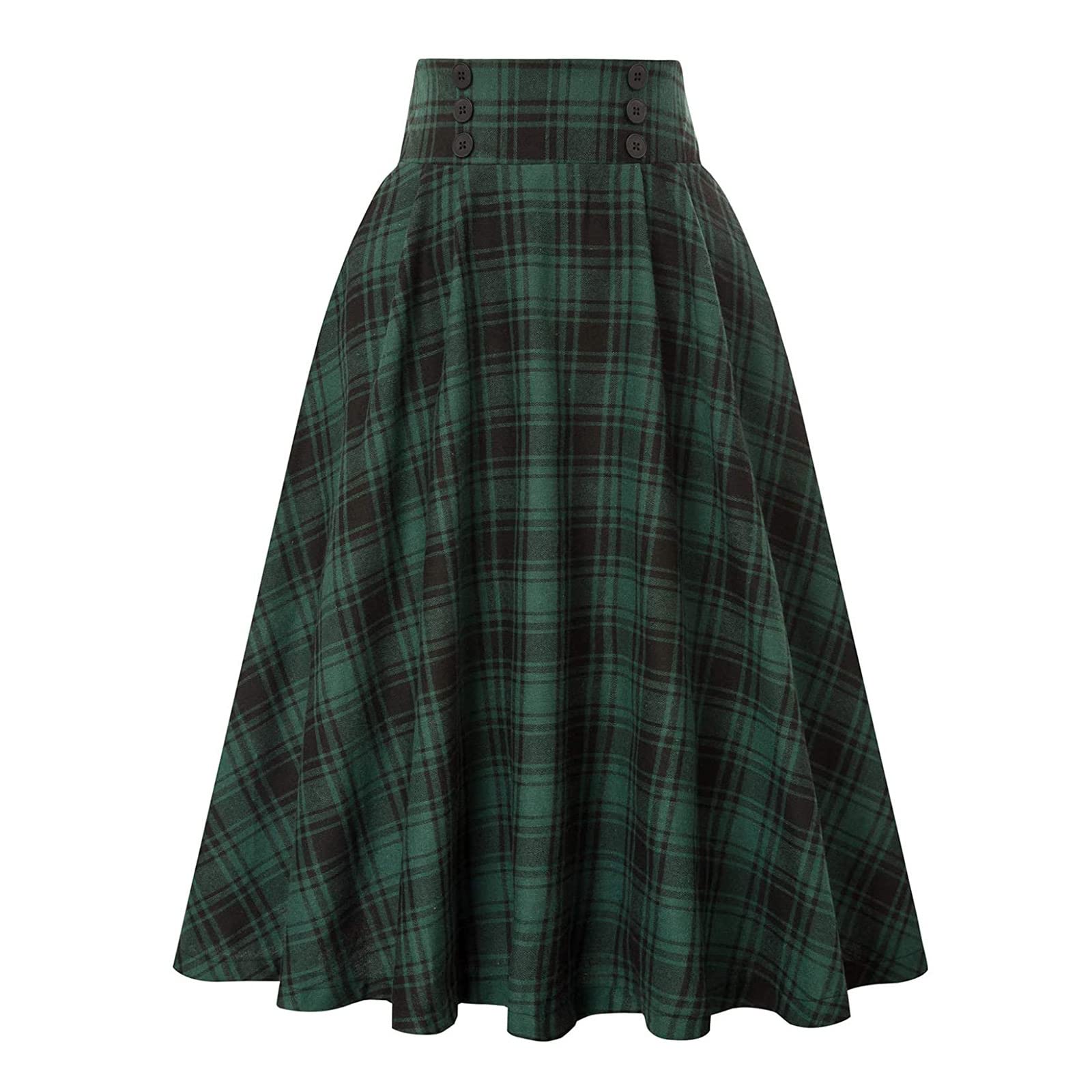 Artykey Women's Green Plaid Vintage Elegant Plaid Long Skirt High Waist Elastic Waist A-Line Midi Pleated Skirt Swing Skirt L