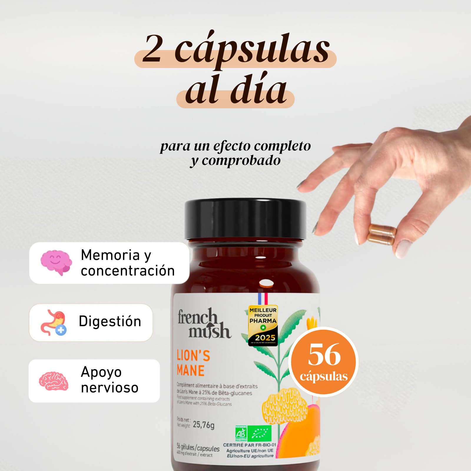 French Mush Funghi Lion’s Mane Bio 8000 mg - 56 Cápsulas Veganas - Para el Cerebro, el Bienestar y el Estado de Ánimo - 1-2 Cápsulas al Día - Extracto de Hericium Testado en Laboratorio