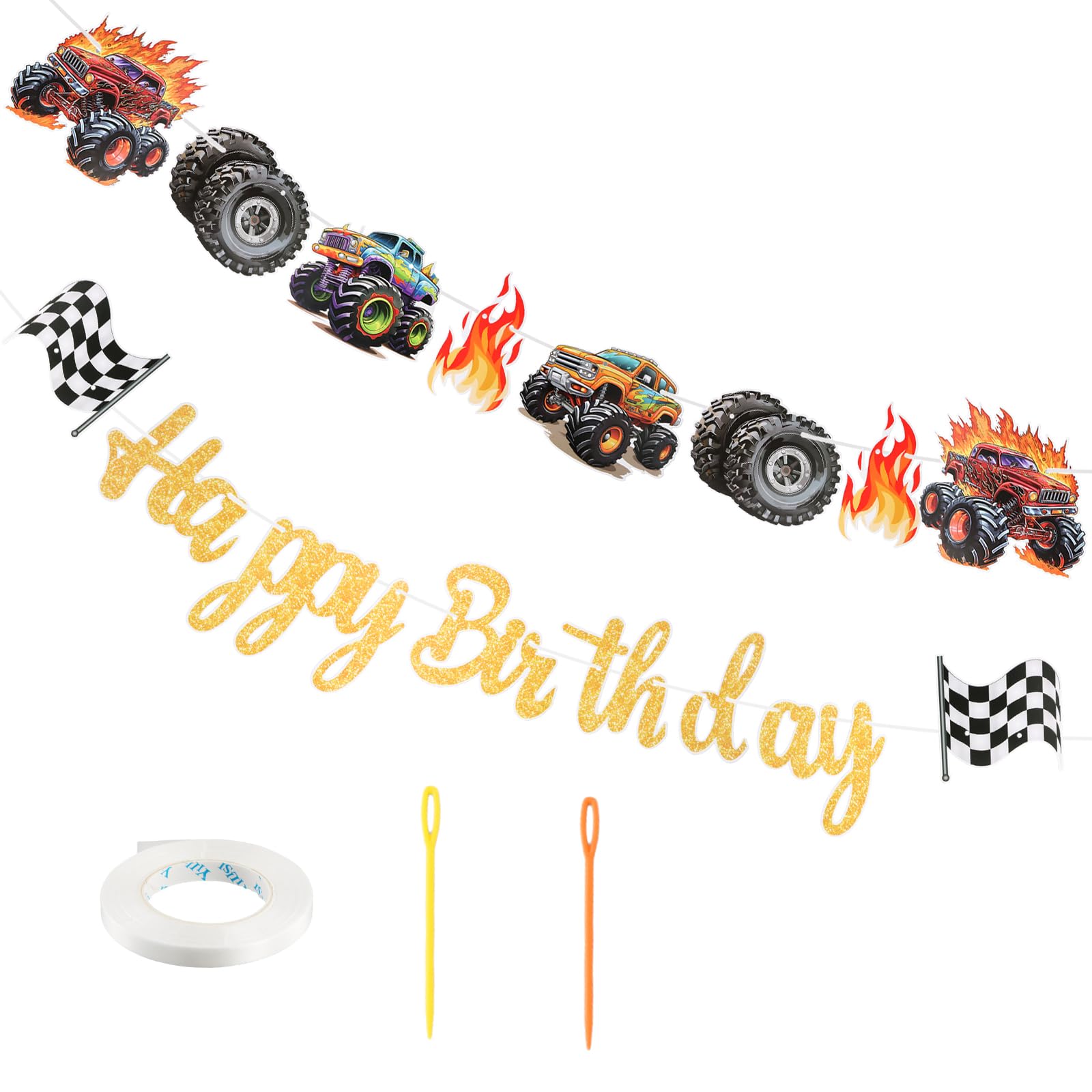 Monster Truck Birthday Banner – Happy Birthday Sign with Monster Trucks, Cars & Race Theme Party Backdrop Decoration – Kids Boys Girls Birthday Party Supplies