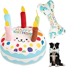 Dog Birthday Toy Set, 2 Plush Toys for Dog Birthday Celebration, Blue Birthday Cake and Dinosaur Bone Design, Soft Pet Toys for Gentle Chewers (17.5x17.5x9 cm & 21.5x5.5x4.5 cm)