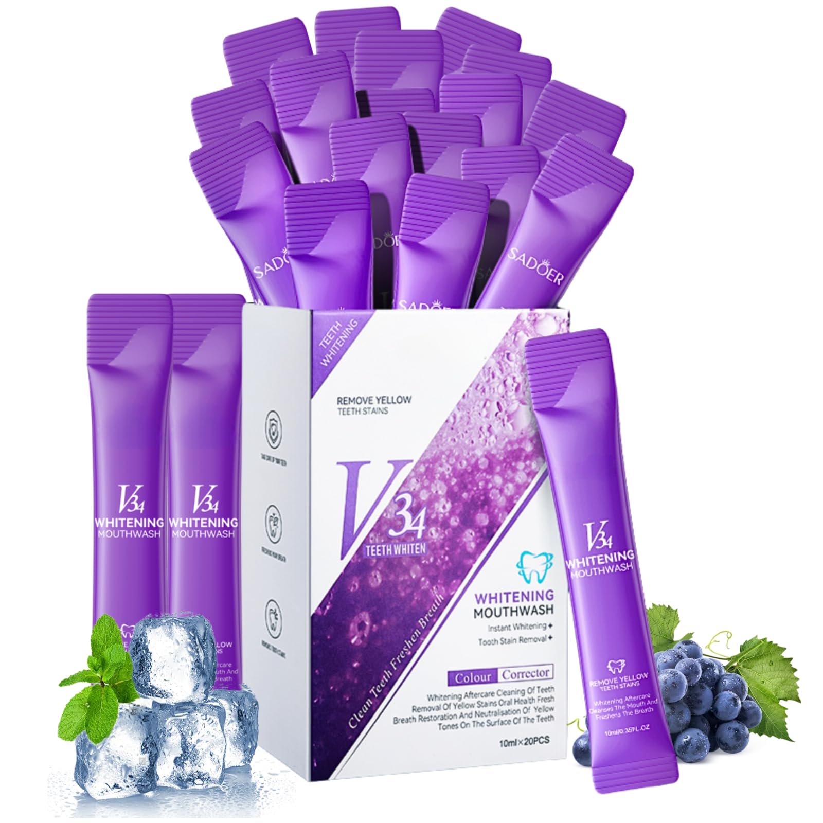 IZBEAUVO Mini Whitening Mouthwash - Antibacterial, Alcohol-Free, Portable Mint & Grape Taste, 20 Packs