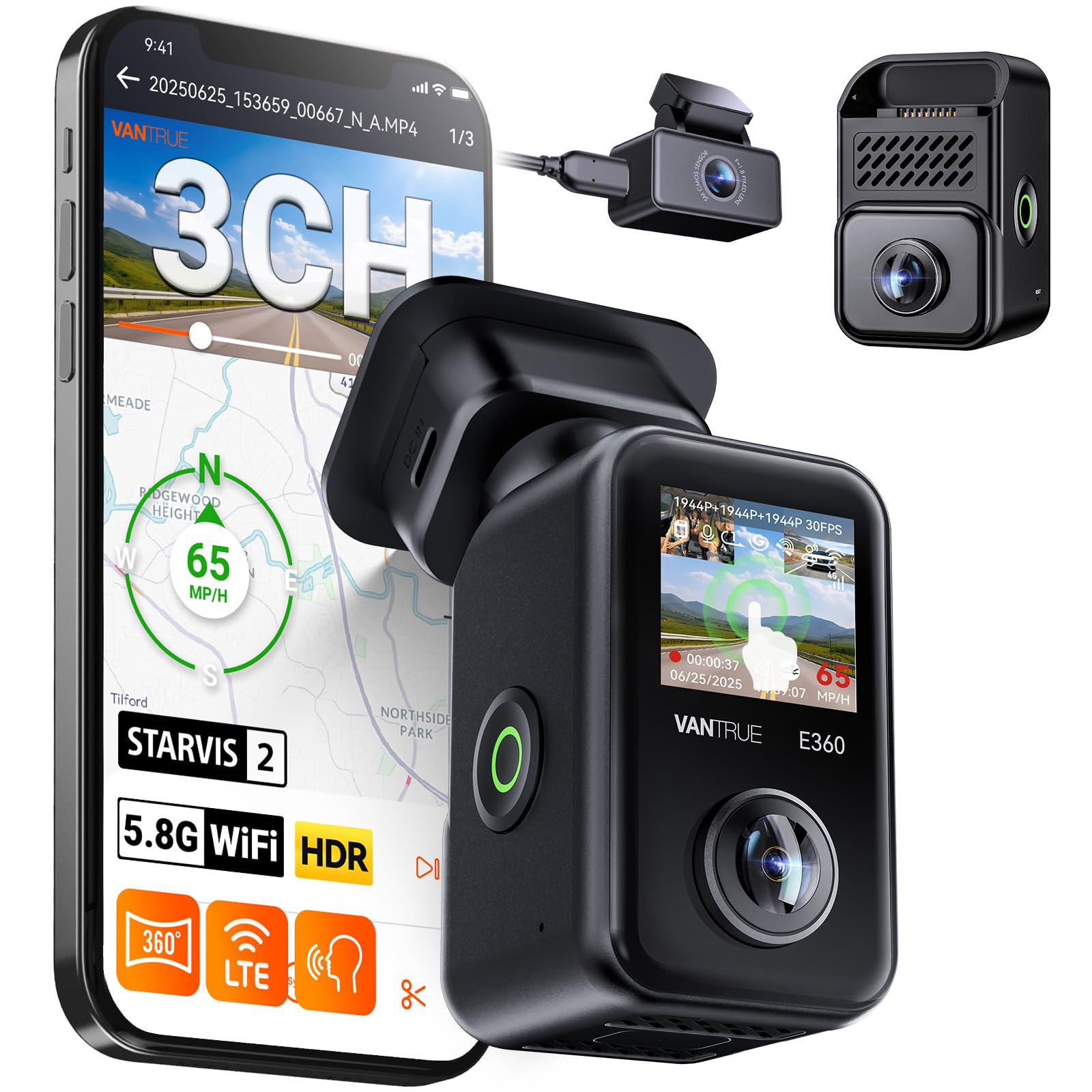 Vantrue E360 Plus All Channel Dash Cam, 585°, Dual STARVIS 2, Fisheye Front + Fisheye Inside + Rear Dash Camera, Dual IR Night Vision, GPS, WiFi, Touchscreen, Parking Mode, Voice Control, Support 1TB