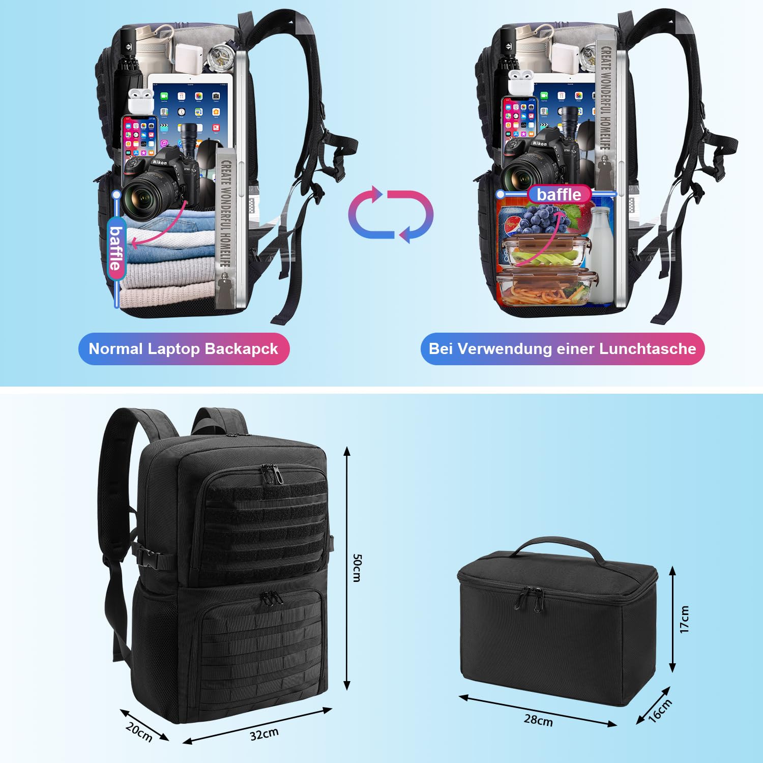 BERTASCHE Lunch Rucksack, Laptop Rucksack mit Kühltasche für 17,3 Zoll, 2-IN-1 Rucksack Herren für Taktisch Arbeit Schule Picknick Uni, Schwarz