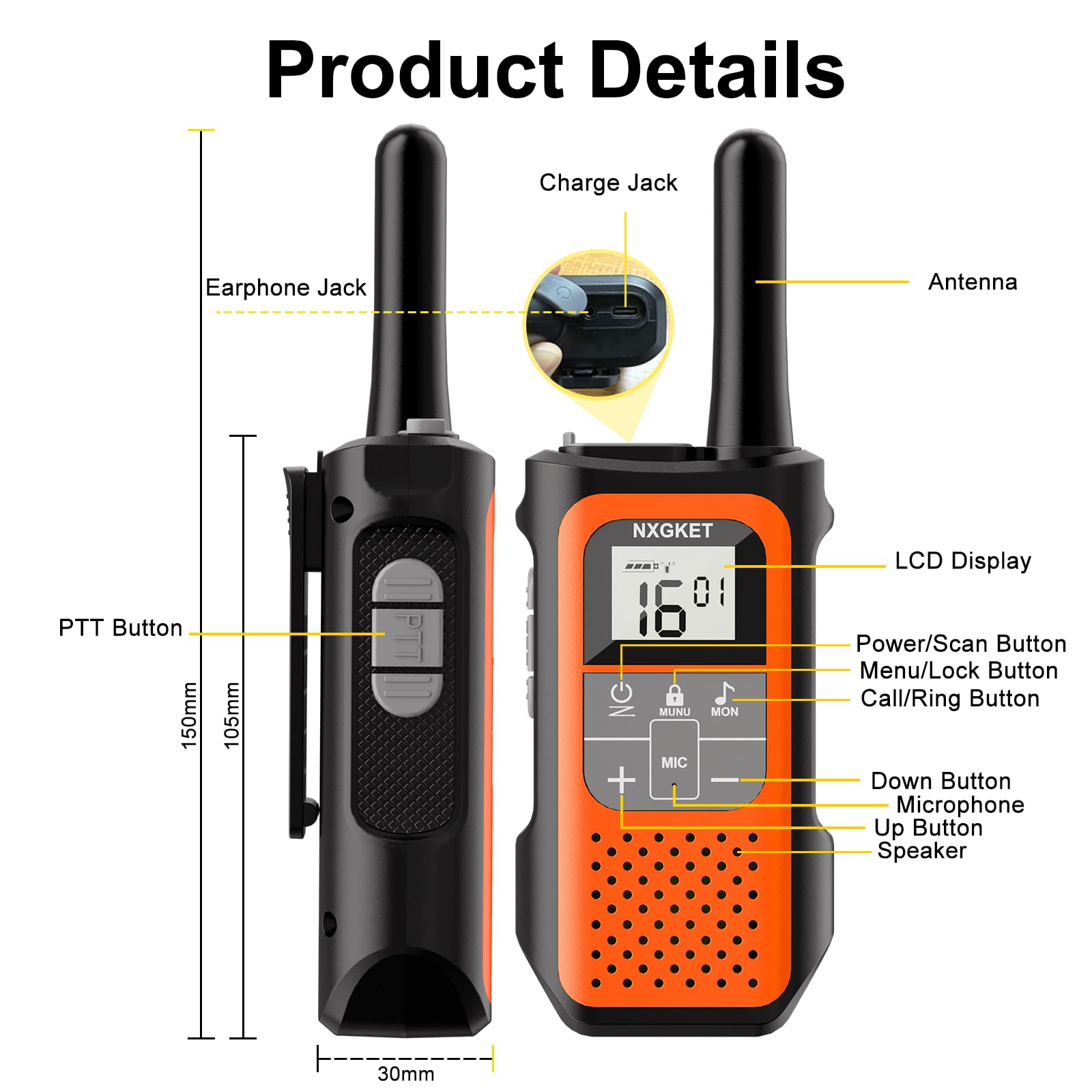 NXGKET Walkie Talkie Niños Recargable, 24 Horas de Tiempo de Trabajo, 5 km de Largo Alcance, 16 Canales, Función VOX, Walkie Talkies para Acampadas y Senderismo al Aire Libre, Paquete de 3