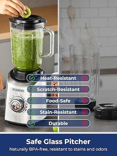 Miniatura 9 de FOHERE Licuadora profesional Peak de 1200 W, licuadora de encimera con 3 ajustes preestablecidos y 5 velocidades para batidos, batidos y bebidas