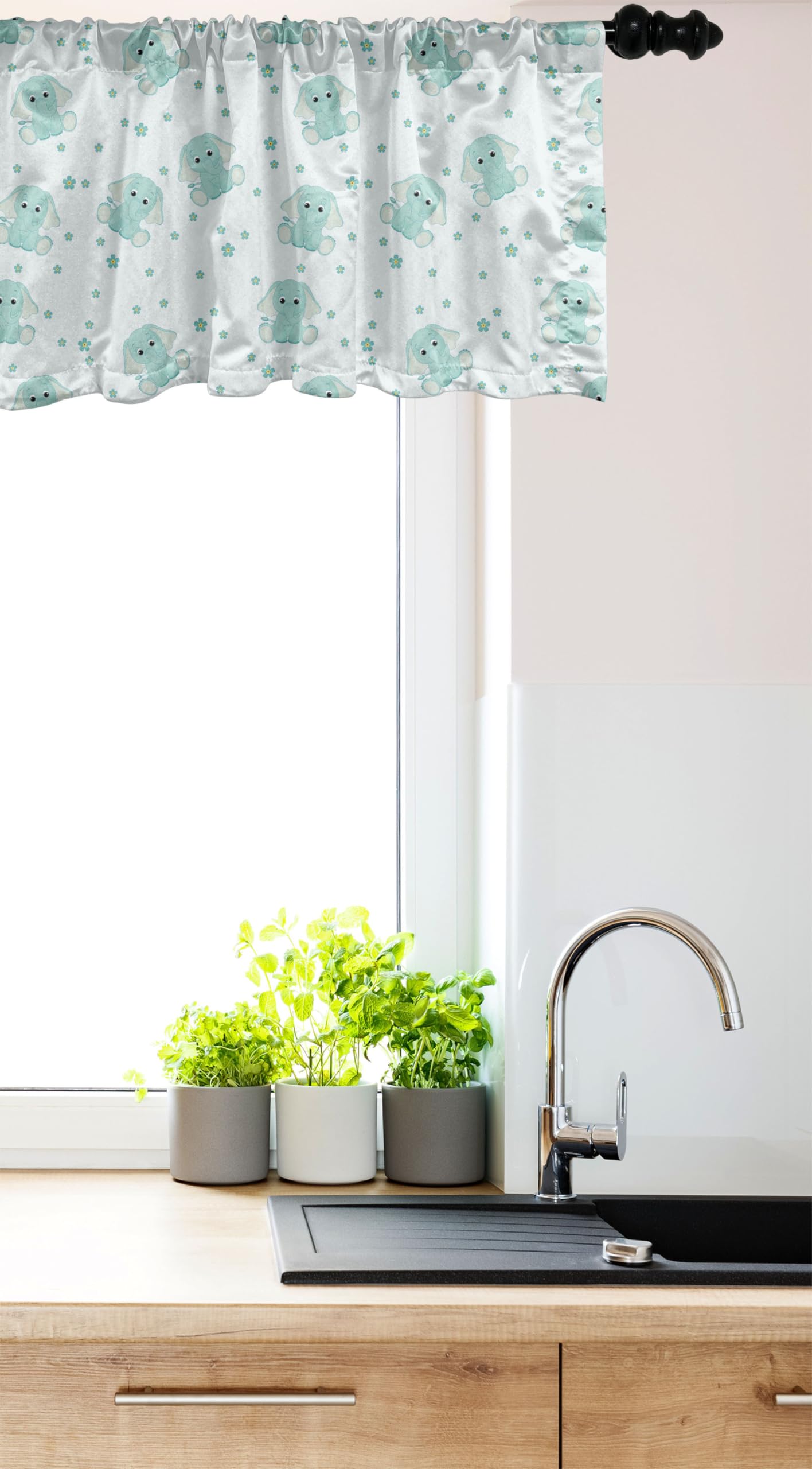 Ambesonne Animal Window Valance, Animal Characters with Long Ears and Daisy Blossoms Cartoon Style Art, Curtain Valance for Kitchen Bedroom Decor with Rod Pocket, 42