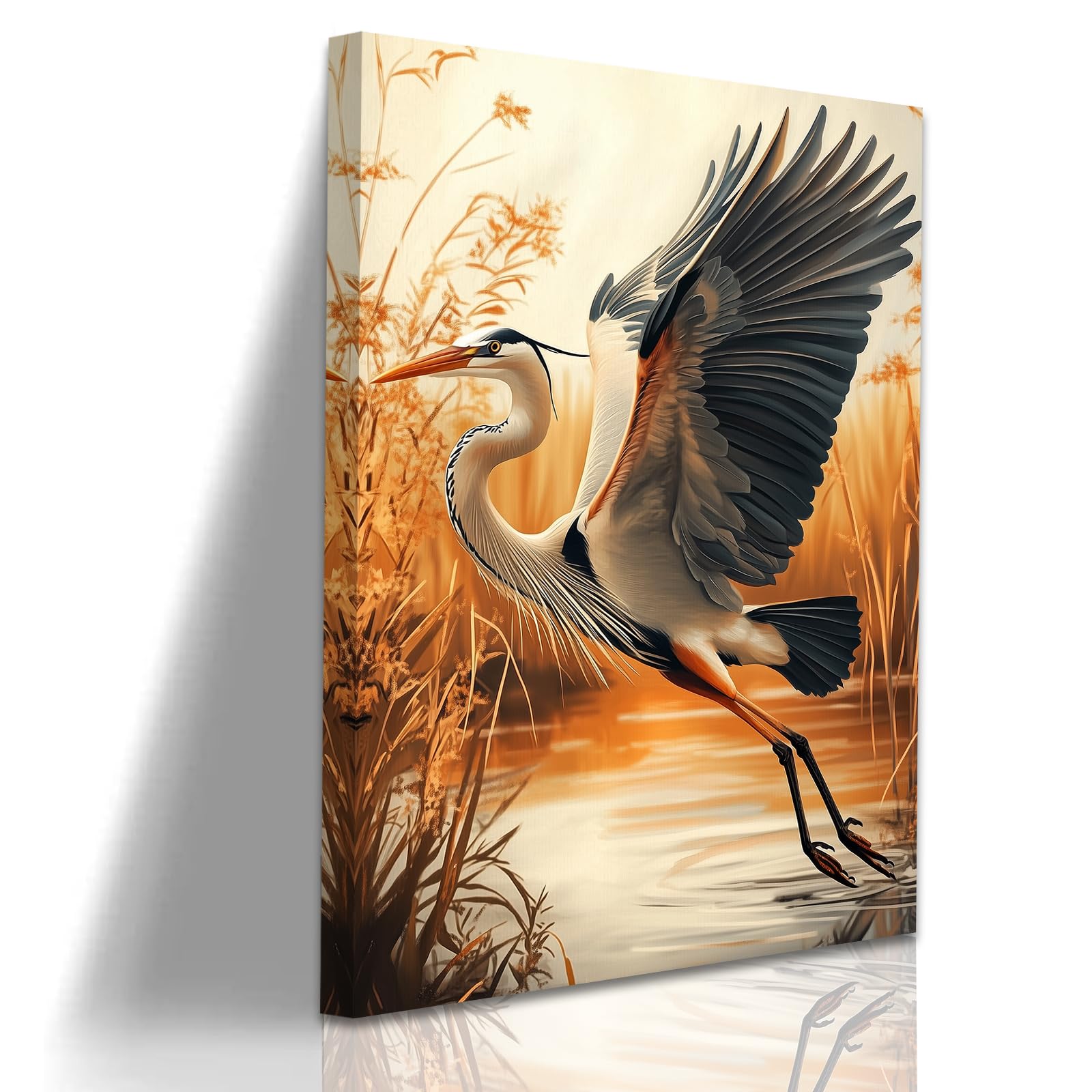 ZXHYWYM Heron Wall Art Coastal Bird Poster Crane Canvas Prints Blue Heron Picture Autumn Reeds Painting for Bathroom Home Decor Framed (Orange, (45L x 30W cm))