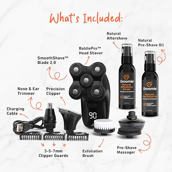 GROOMIE No Hair, Don't Care Bundle - 5D BaldiePro Electric Head Shavers for Bald Men, Natural Pre-Shave Oil to Promote Close Shave, Natural Aftershave Serum - Mens Head Shaver Kit w/Electric Razor