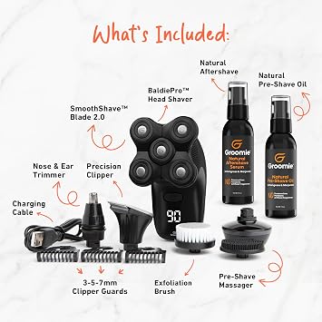 GROOMIE No Hair, Don't Care Bundle - 5D BaldiePro Electric Head Shavers for Bald Men, Natural Pre-Shave Oil to Promote Close Shave, Natural Aftershave Serum - Mens Head Shaver Kit w/Electric Razor