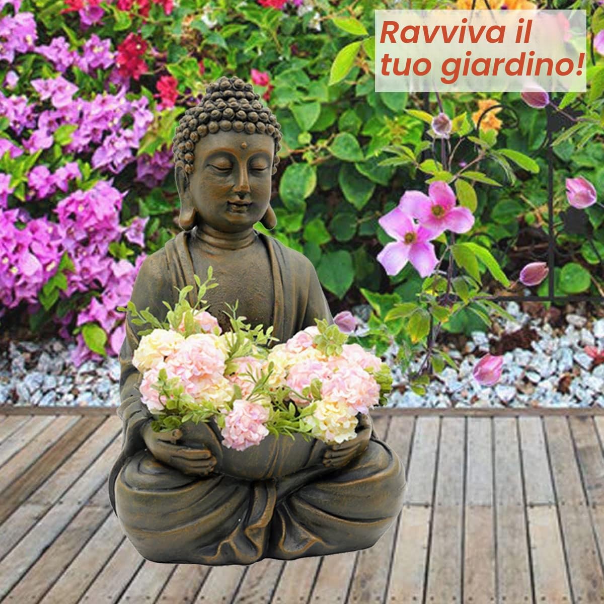 Yeomoo Statuetta di Buddha da meditazione, decorazione da giardino per esterni, Zen Buddha, decorazione da giardino, soggiorno, balcone, grande figura con ciottoli di loto e pietra di vetro, regalo