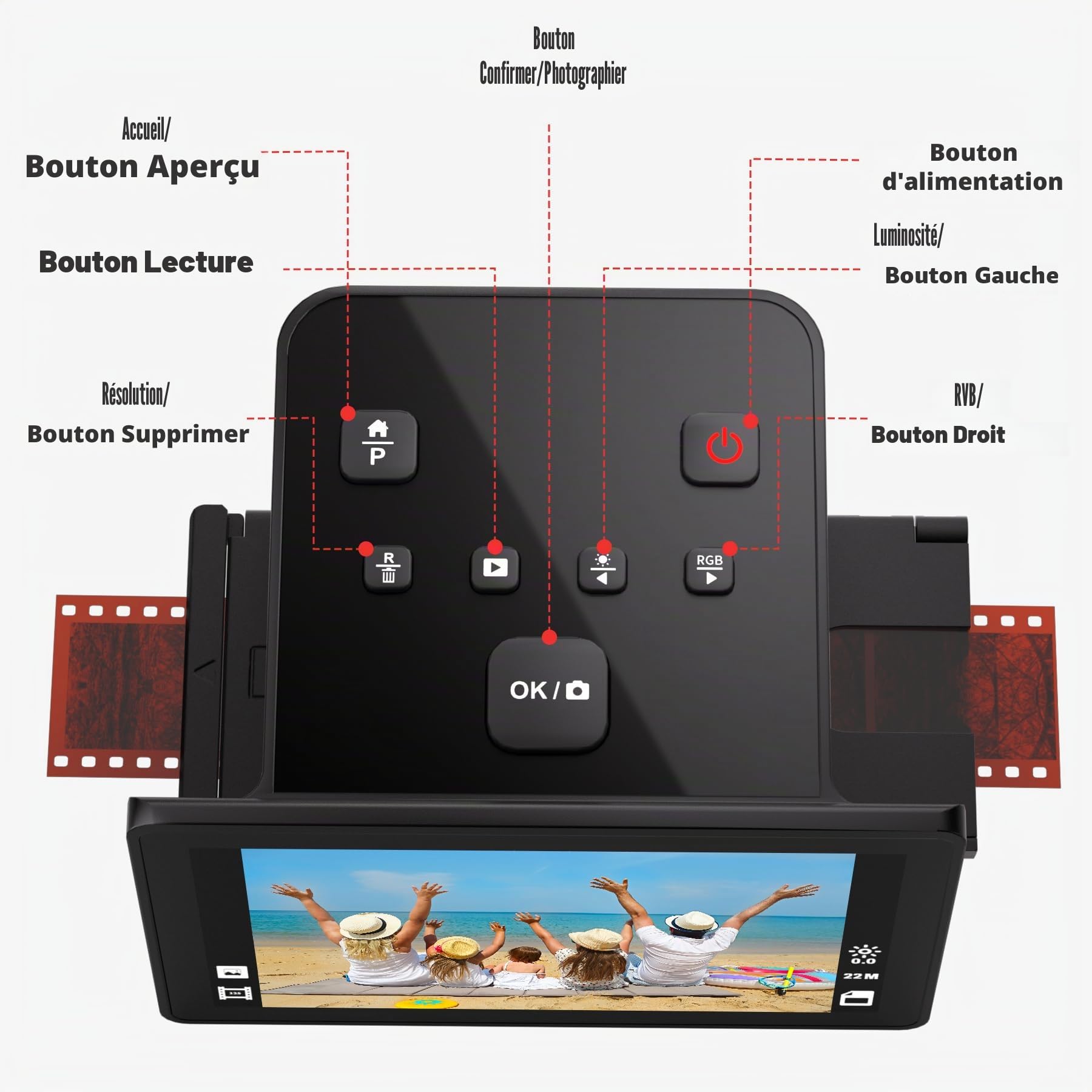 Scanner numérique de films et de diapositives avec grand écran LCD de 5 pouces, scanner de diapositives pour numérisation négatif, convertit 135, 126 KPK, 110 négatifs et super 8-22 films