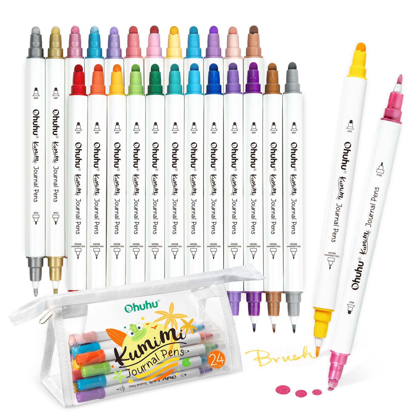 Ohuhu Journal Pens 24 Colors Dot Markers Dual Tips (Calligraphy Brush & Dot) for Adults Water-based Metallic & Regular Colors Dot Pens for Lettering Journal Scrapbooking Coloring Markers - Kumimi