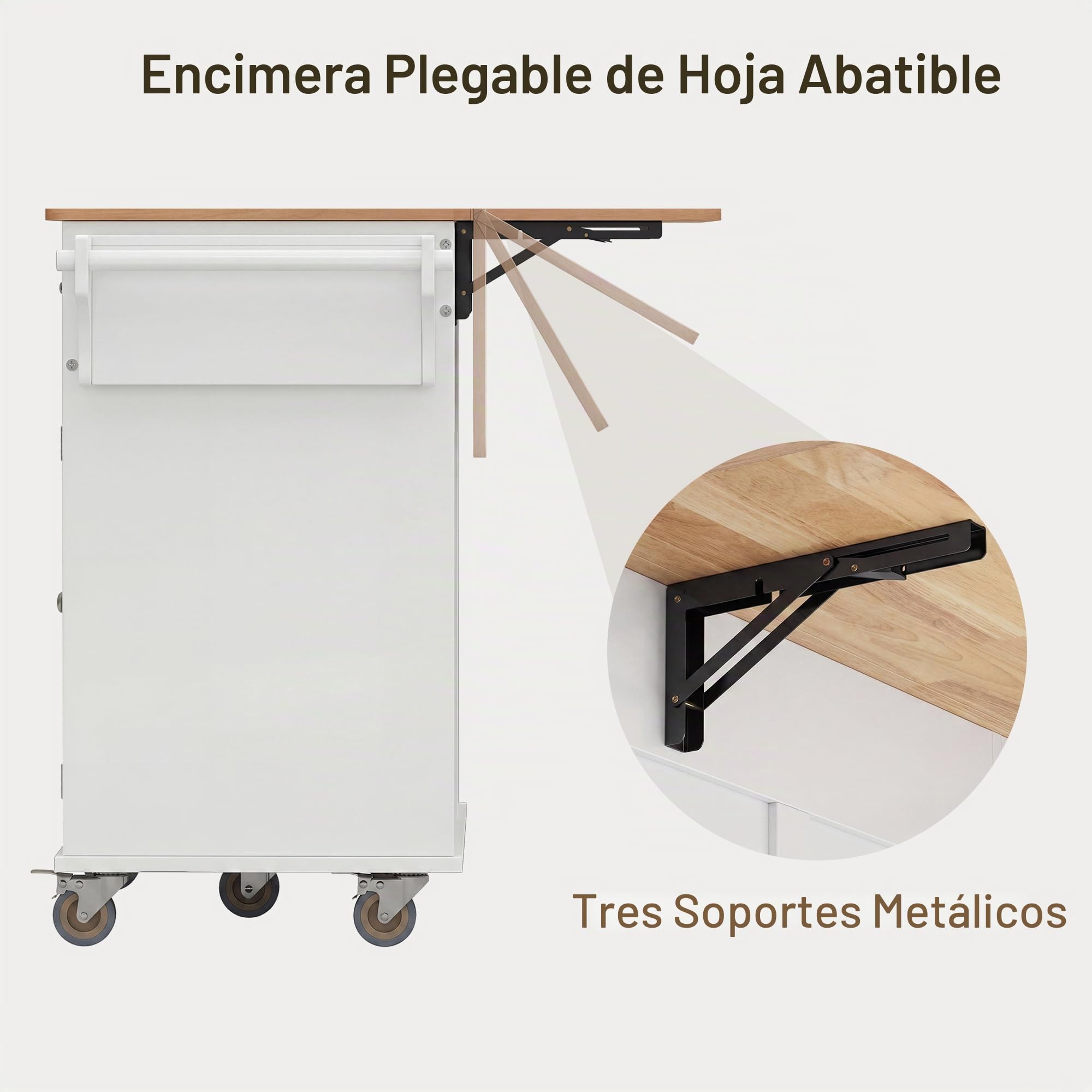 Xbro Isla Cocina con Tablero Plegable y Ruedas, Carrito de Cocina con Cajón, Armario de Basura, Portacuchillos y Toallero, Armario de Cocina, 113 x 51 x 90 cm, Blanco