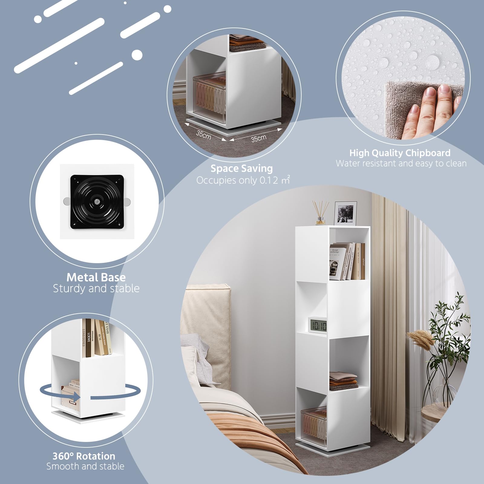 EUGAD Libreria Girevole a 4 Ripiani, Saffale Salvaspazio, Bianco | Per Camera da Letto, Soggiorno, Ufficio, Studio, 35 x 145 x 35 cm