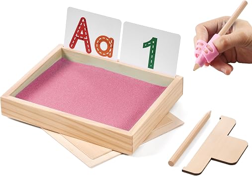 Montessori Sand Tray for Kids,Writing Play Sand Tray with Lid for Classroom Practice Writing Letters and Numbers Pink, Small