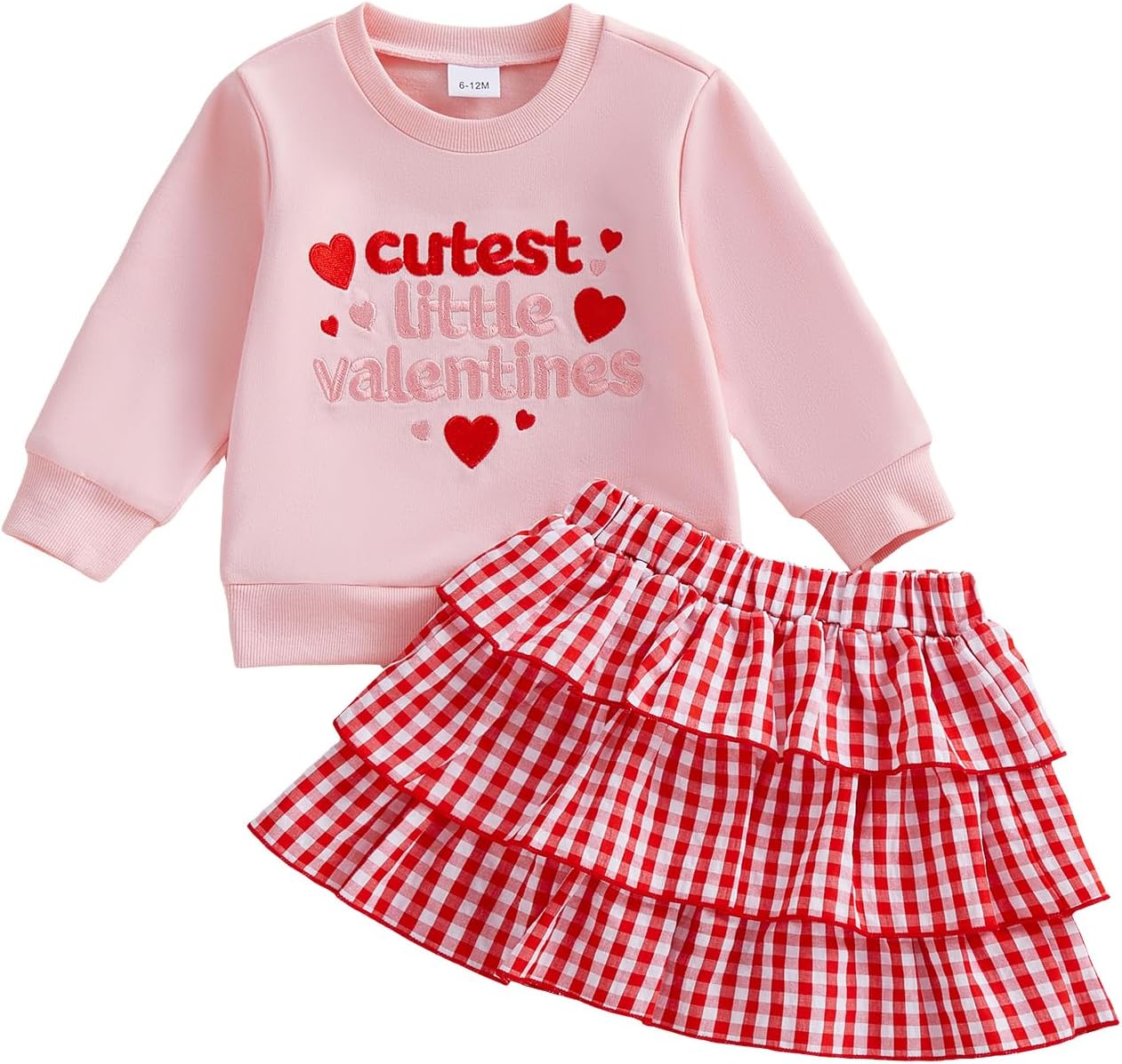 Toddler Baby Girl Valentines Outfit Infant Spring Clothes Heart Letter Sweatshirt Pullover Plaid Tiered Skirt Set