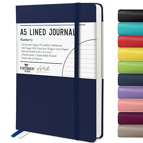 STATIONERY ISLAND Notizbuch A5 Liniert, Journal Hardcover mit 120 g/m² Dickem Papier, 180 Seiten Tagebuch, Notebook a5 für Mädchen, Reisetagebuch, Planen, Lernen, Dunkelblau