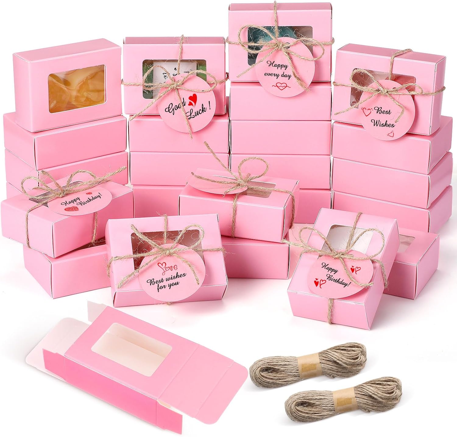 Zhanmai 100 Set Pink Small Soap Boxes for Homemade Soap, 3.35 x 2.36 x 1.2 Inch Paper Packaging Boxes with Window, with 100 Tag and Twine, Gift Wrapping Supplies for Bakery Candy Cookies Party Favors