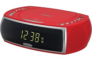 Jensen Red Modern Home CD Tabletop Stereo Clock Radio with Digital AM/FM Radio