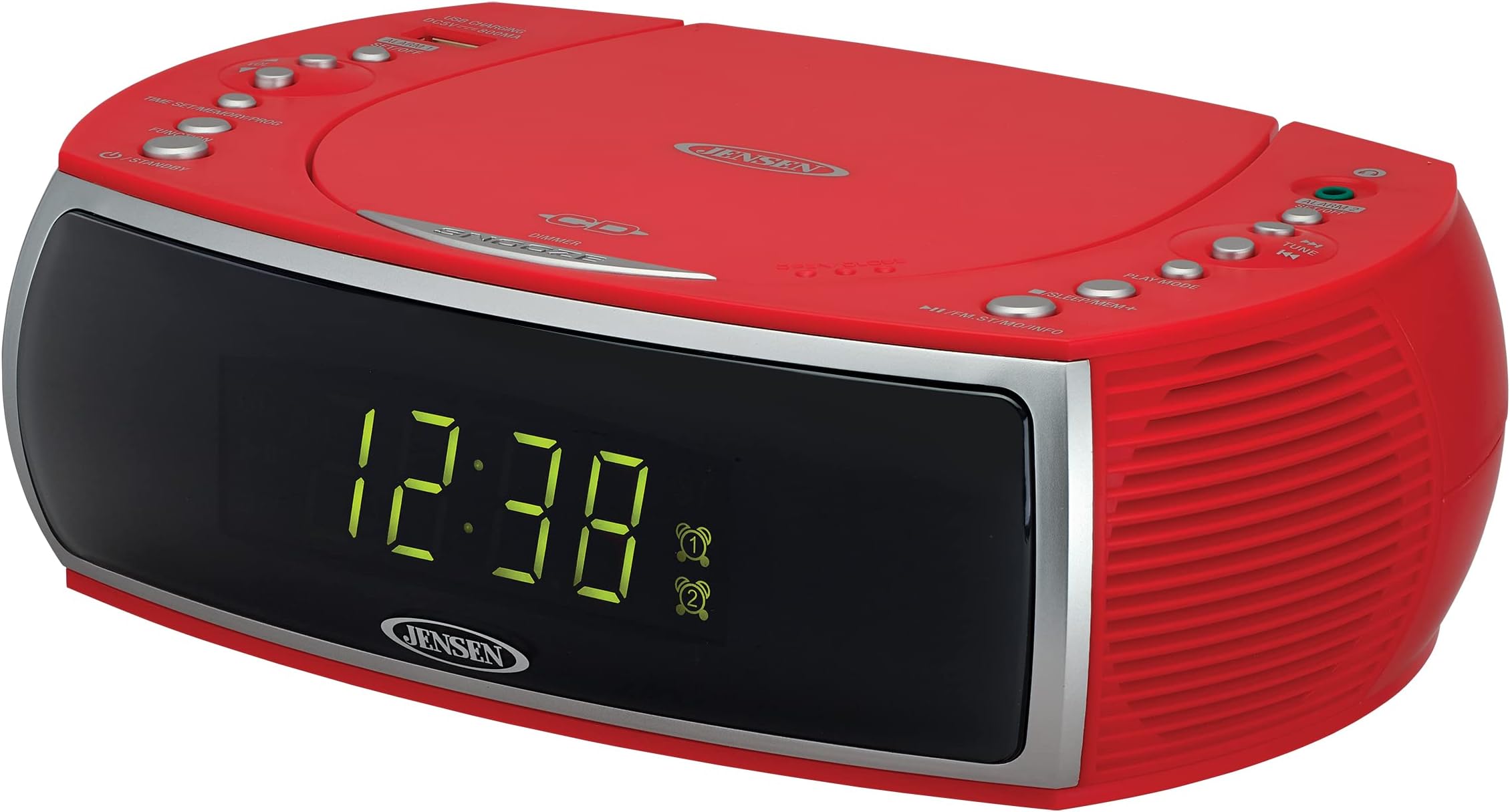 Jensen Red Modern Home CD Tabletop Stereo Clock Digital AM/FM Radio CD Player Dual Alarm Clock CD Top-Loading Player | USB Charging Port DV 5V 800mA | Headphone Jack | 0.9 Display Green LED