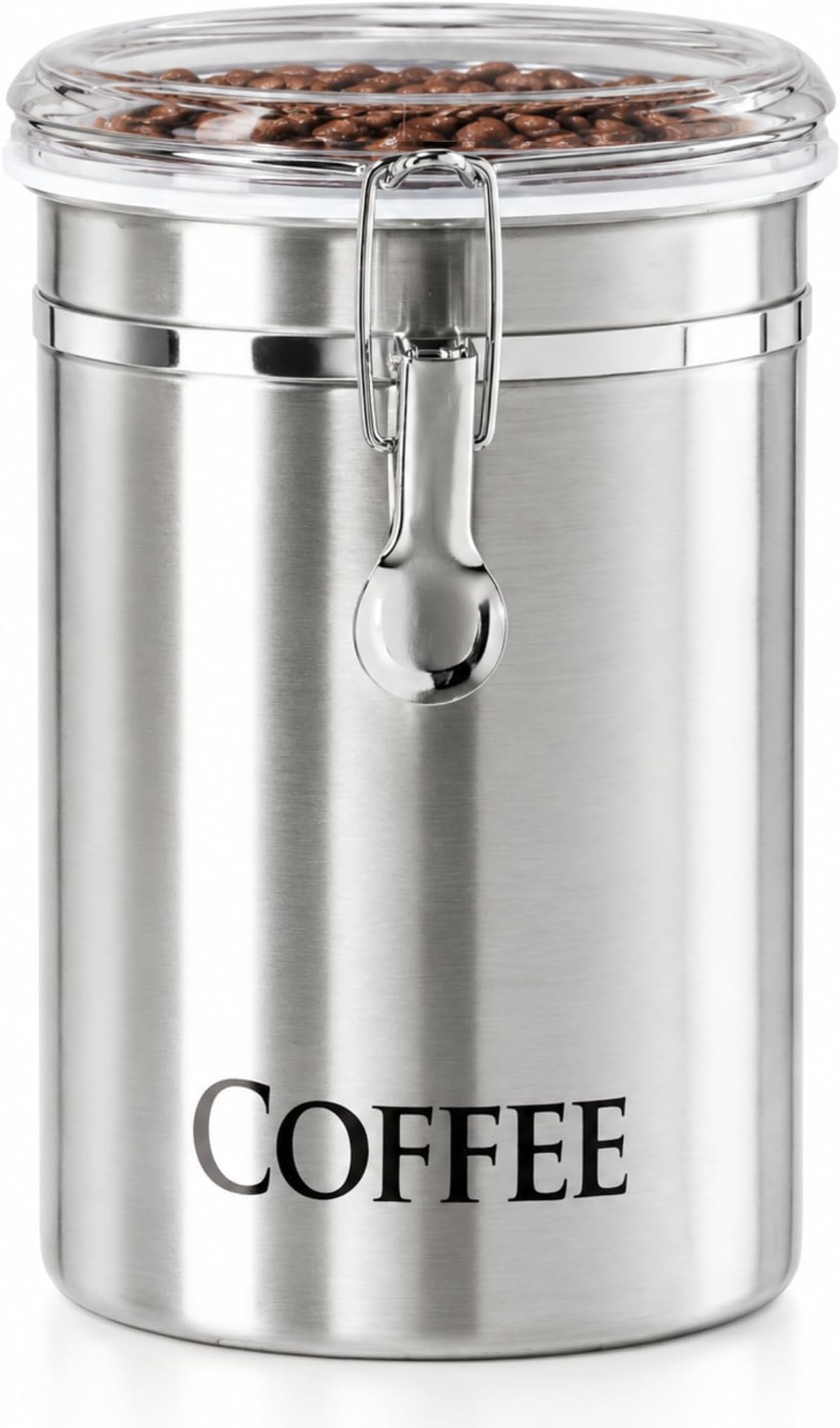 Stainless Steel Coffee Canister 62 fl oz - Airtight Clamp Lid, Clear See-Thru Top - Ideal for Coffee Bean Storage, Ground Coffee Storage, Kitchen Storage, Pantry Storage. Large Size 5" x 7.5".