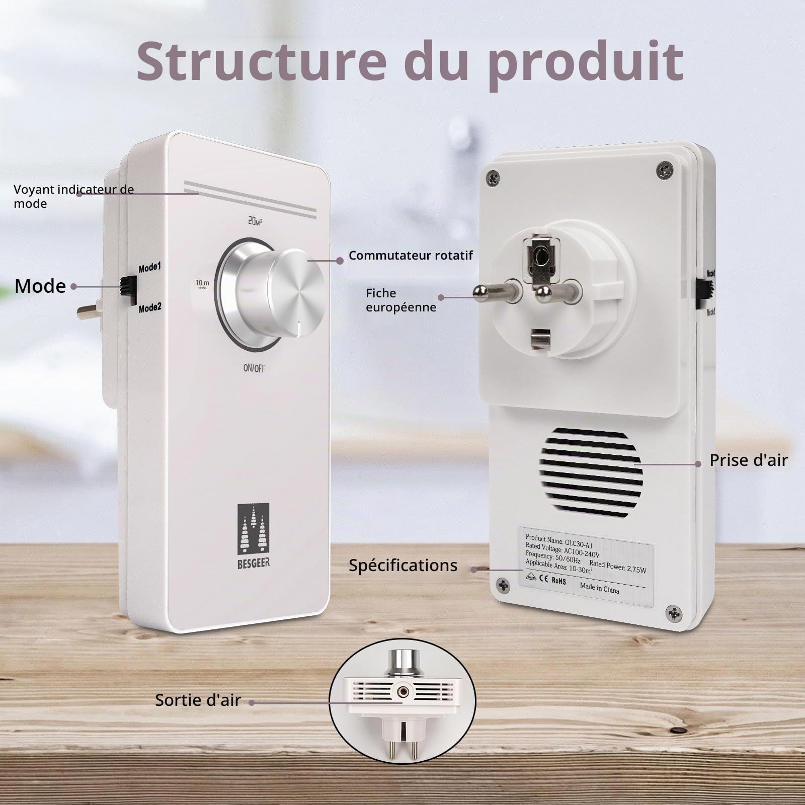 Générateur d'ozone Purificateur d'air, stérilisateur d'odeurs, purificateur d'air, générateur d'ozonizer pour chambre, salle de bain, animaux domestiques, formaldéhyde et odeur, haute efficacité