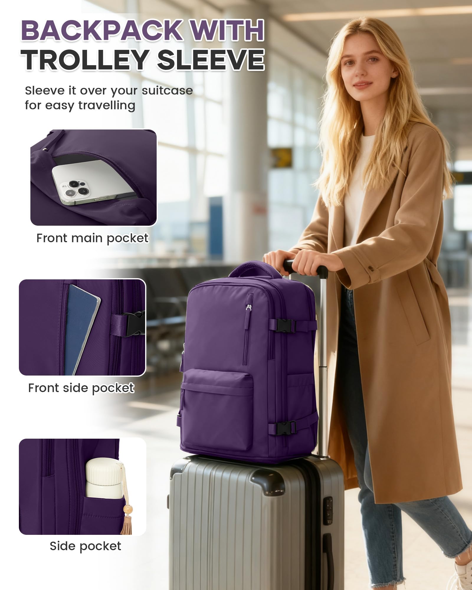 WONHOX Large Travel Backpack Women,Carry On Laptop Backpack Flight Approved,Mochila De Viaje Men Hiking Waterproof Rucksack Casual Daypack with Shoes Compartment,Personal Item Travel Bag Dark Purple