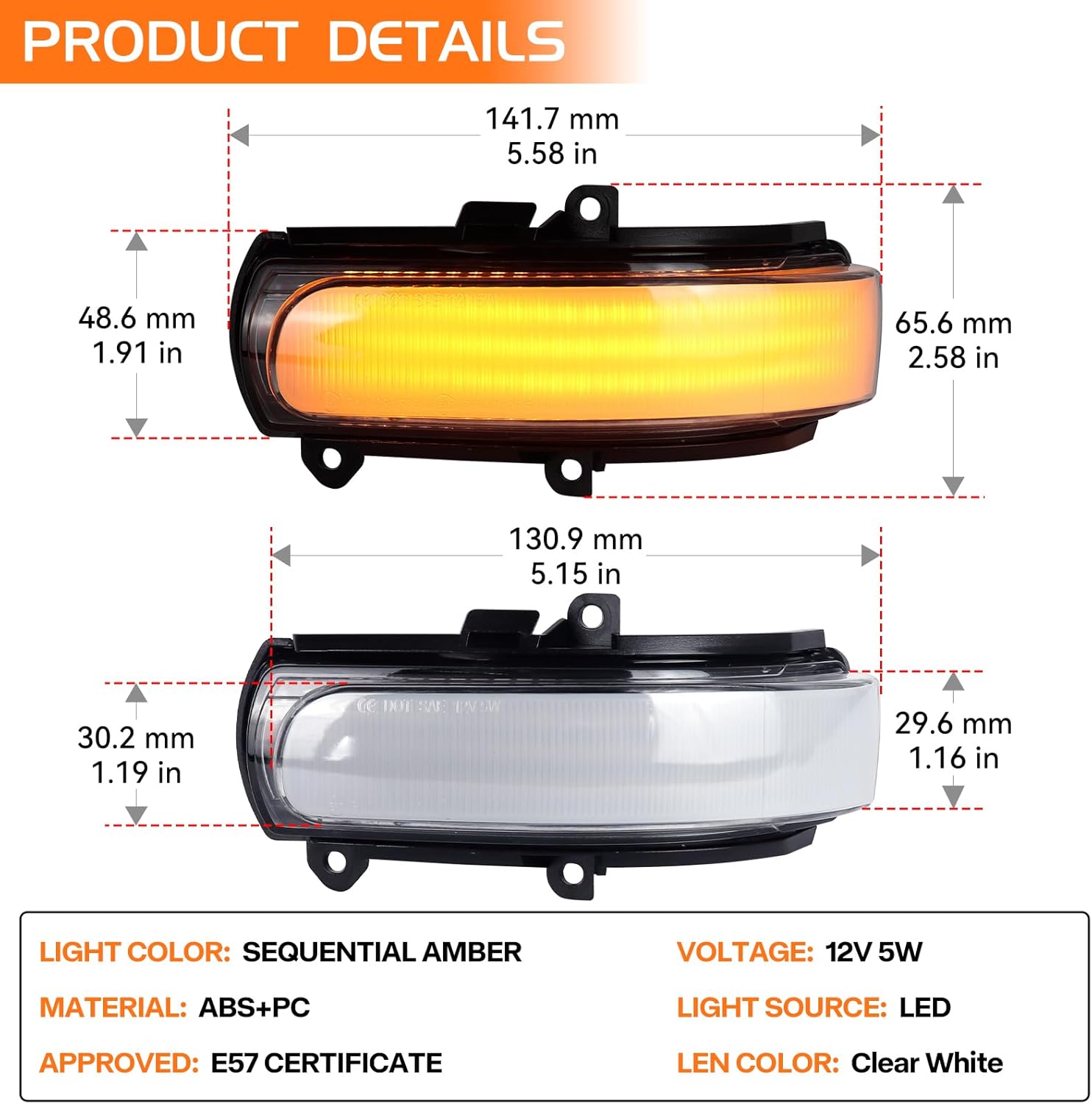 Clear Lens Dynamic Sequential Amber Led Side Mirror Turn Signal Lights for 2011-2016 Scion tC, 2008-2015 Scion xB Side Mirror Marker Indicator Blinkers