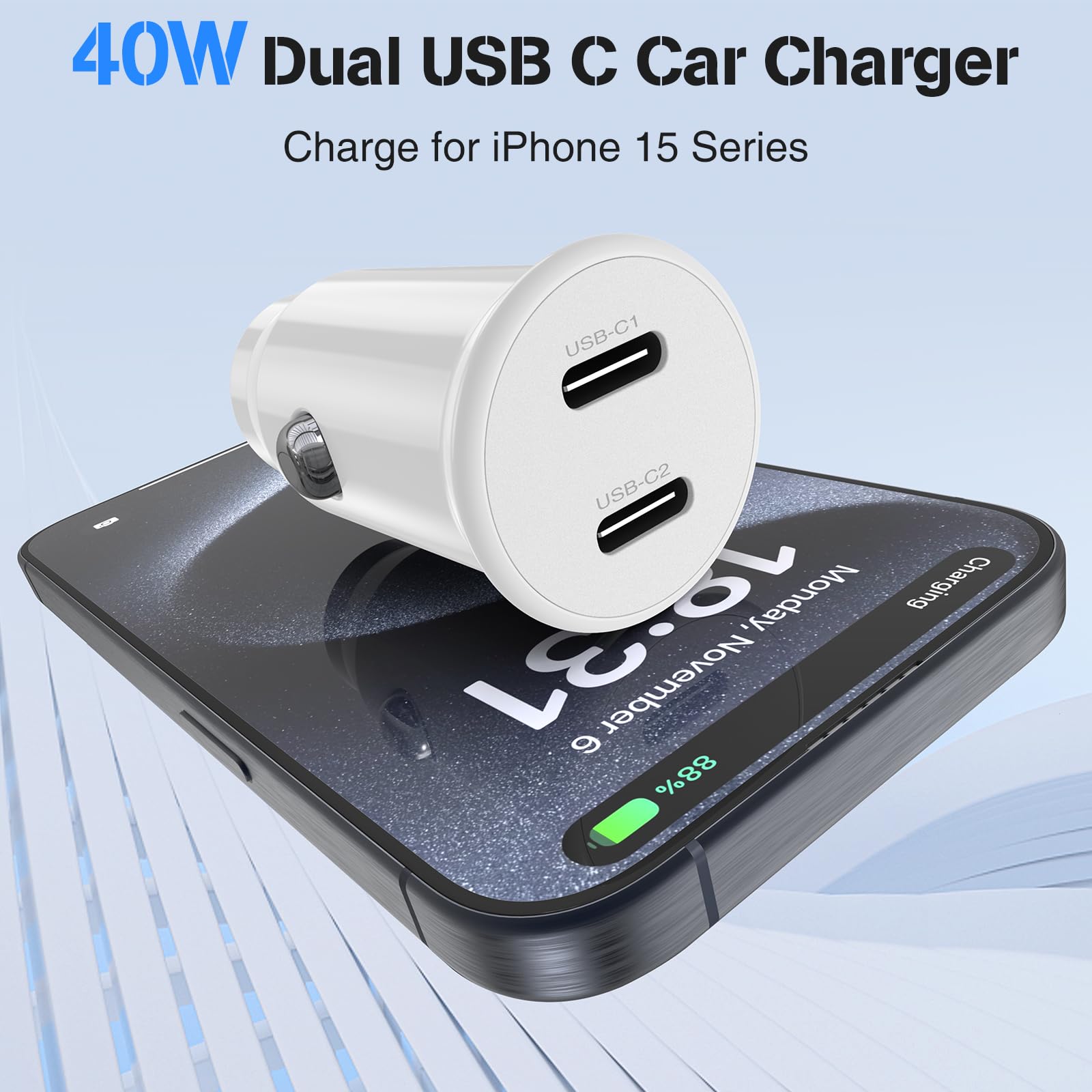 for iPhone 16 15 Pro Max Car Charger Fast Charging,[Apple MFi Certified] 40W Dual Port USB C Car Charger Adapter with 6ft USB C to C Charging Cable for iPhone 16 Plus/16 Pro Max/15 Pro Max,iPad-White