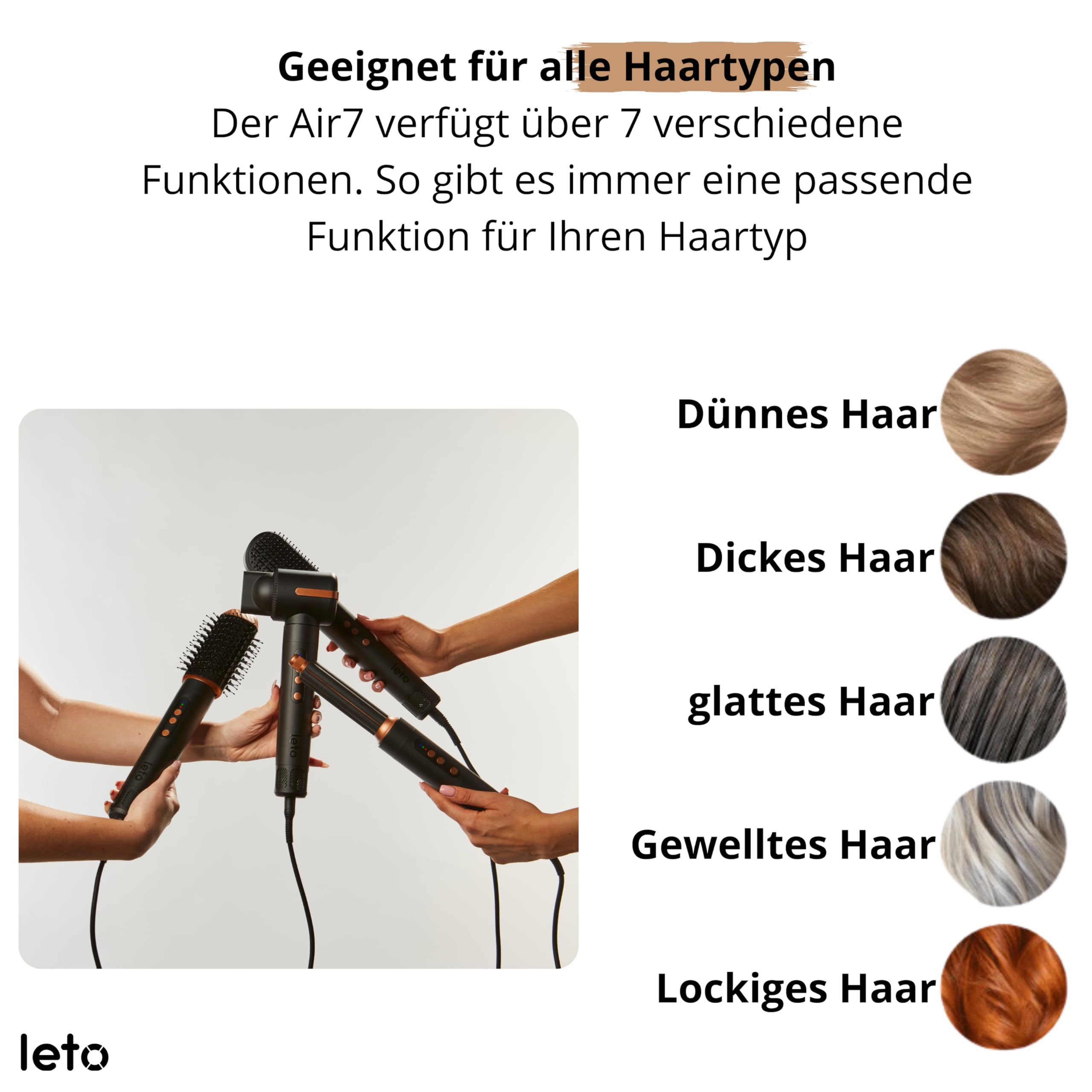Leto 7-in-1 Warmluftbürste & Föhn – Rundbürste, Lockenaufsätze, Waver, Glättaufsatz, Diffusor, Konzentrator, Coanda, Ionen, 1400W BLDC