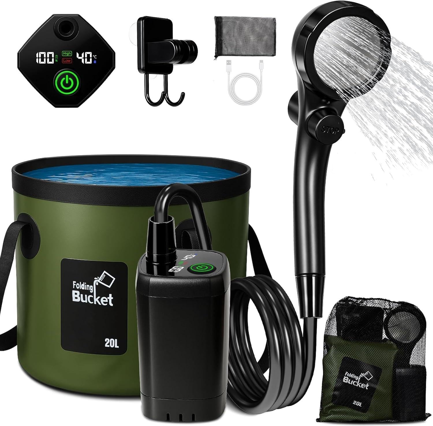 Goody King Ducha Portatil Camping con Bomba Batería 6000mAh – Kit Ducha Agua con Cubo Plegable 20L, Cabezal 3 Modos, Manguera 2m, IPX7, Carga USB-C – Ducha Camper Furgoneta Exterior Perro Jardín