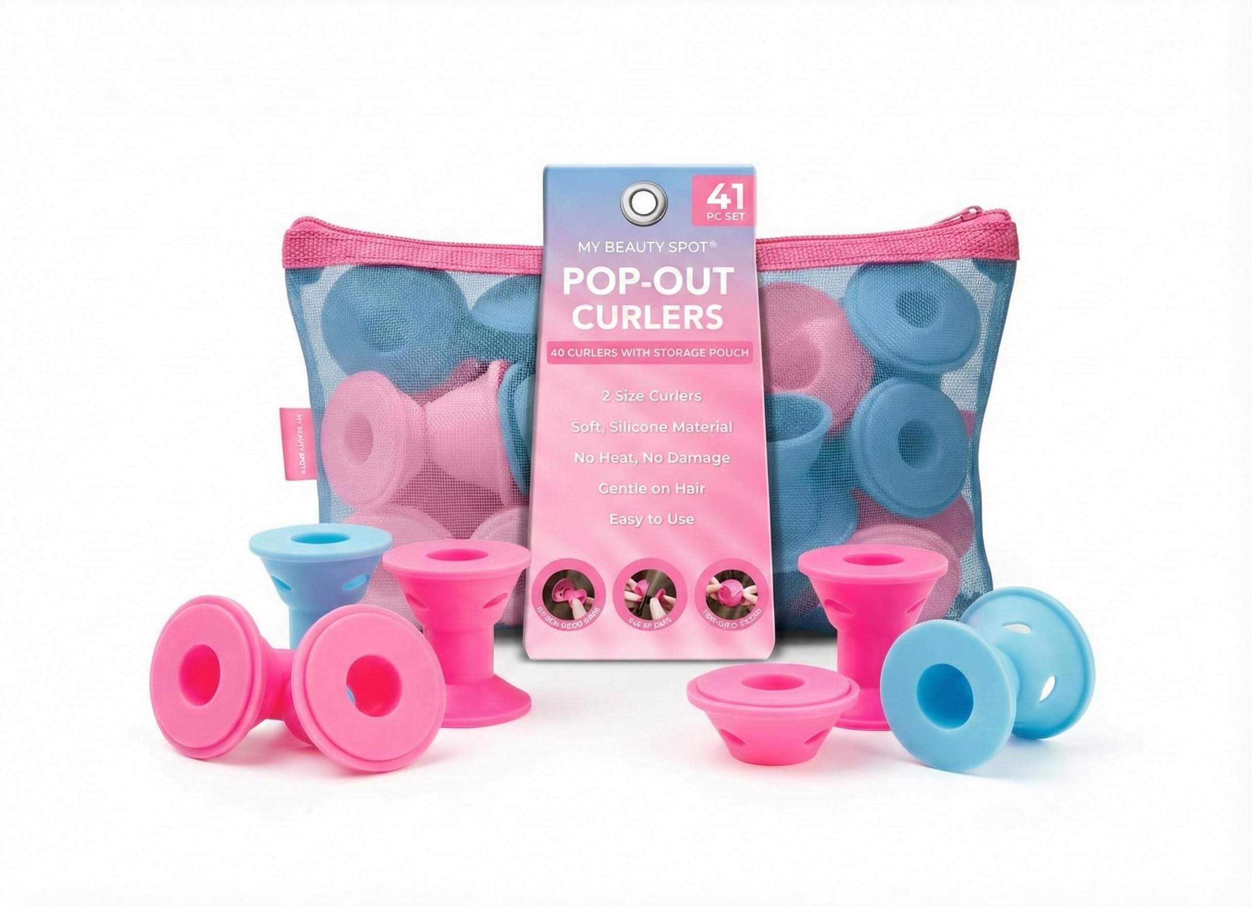 My Beauty Spot 40 Pc. Silicone Hair Curlers - 40 Silicone Curlers, 2 Sizes, No Heat Damage, Soft Material, Comes with Storage Case
