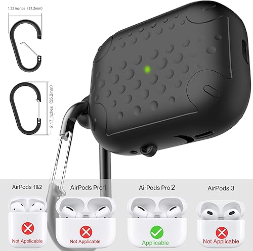 Miniatura 6 de Funda impermeable para AirPods Pro de 2 generación, funda protectora de silicona antipérdida, carga inalámbrica y LED visible, con mosquetón (negro
