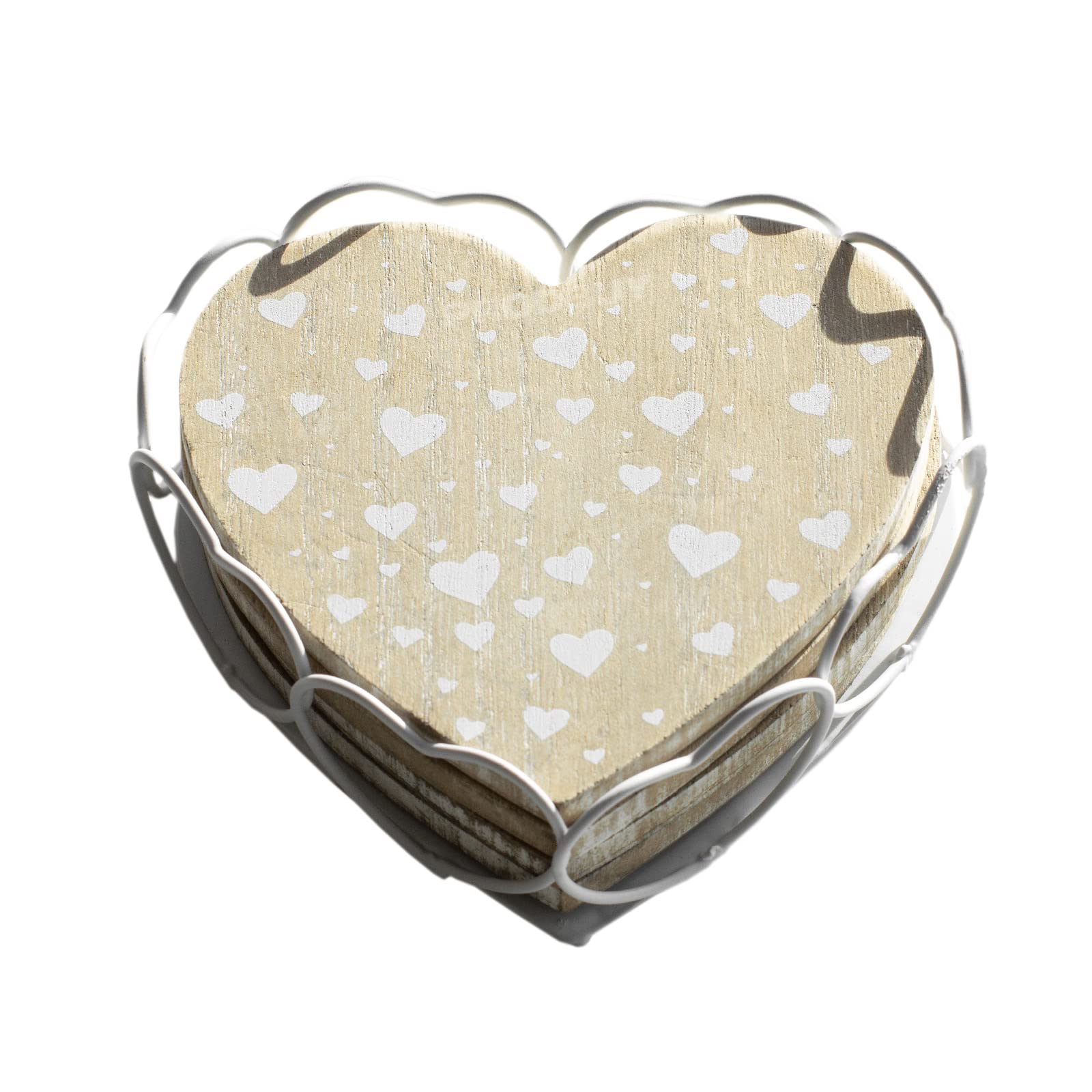 Set of 4 Heart Shape Wooden Drinks Coasters with Holder Coffee Mug Table Desk