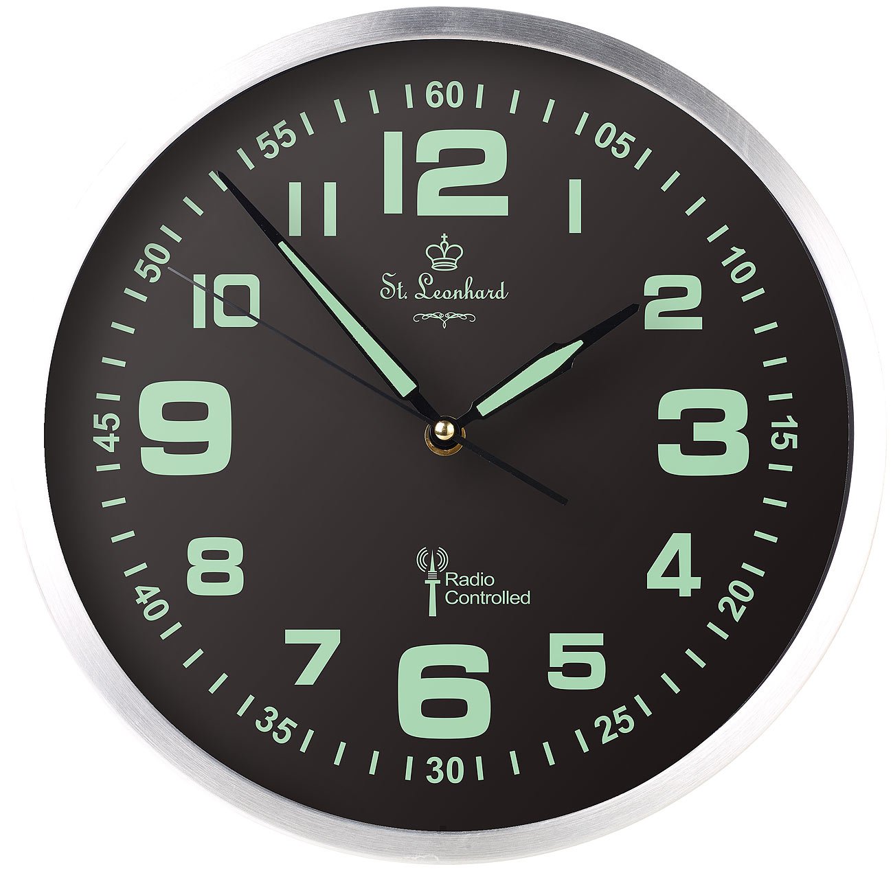 Funk Wanduhr lautlos: Funk-Wanduhr mit Quarz-Uhrwerk, nachleuchtenden Ziffern und Zeigern (Leuchtende Zeiger, lautlos Leuchtend, groß)