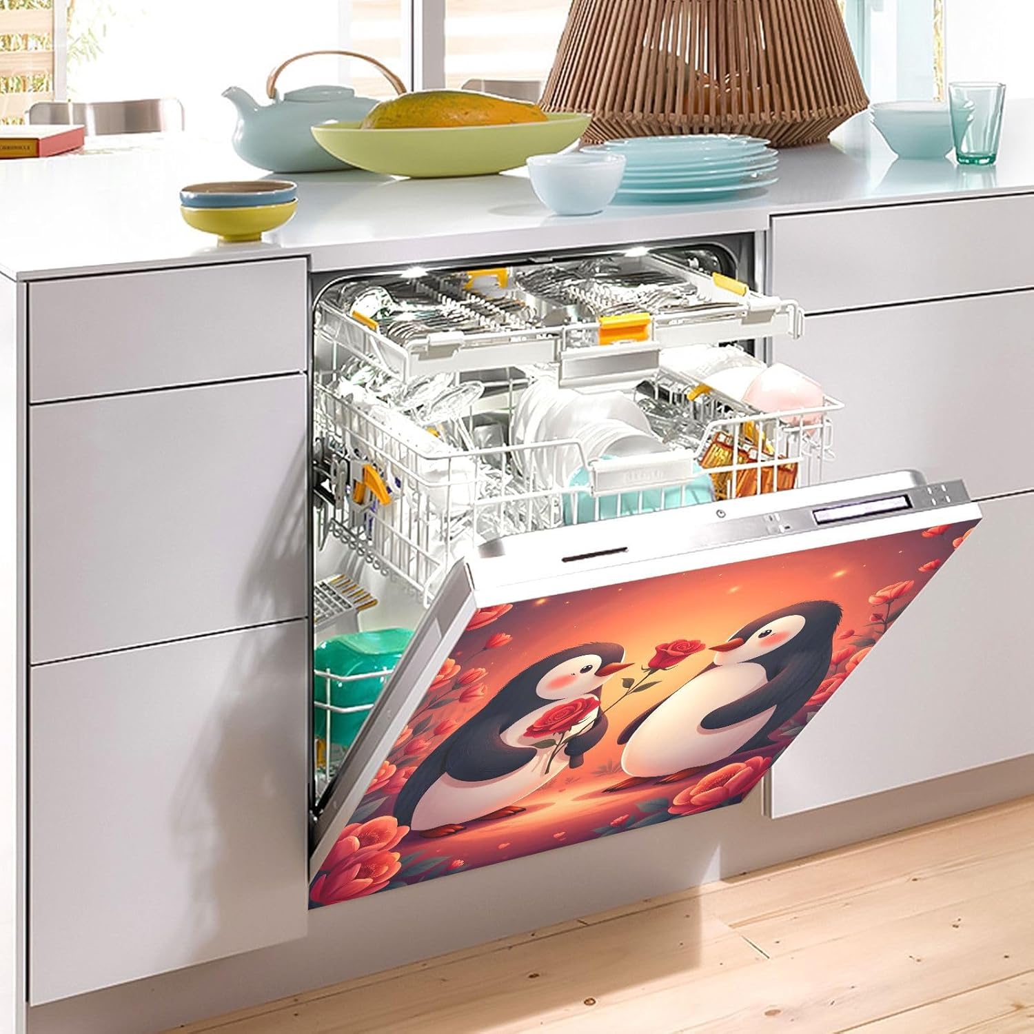 Dishwasher Magnet Cover Large Magnetic Stickers Penguins Love Roses Front Dishwasher Cover Reusable Decal for Home Kitchen Refrigerator Decorative Lid Washing Machine Laundry