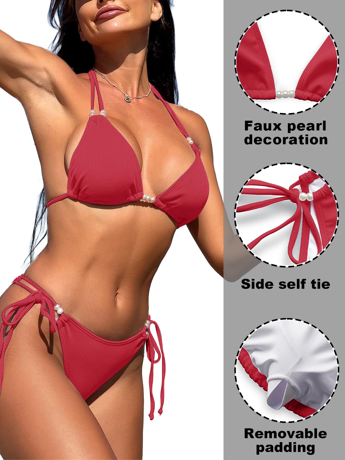 Rayson Damski 2-częściowy strój kąpielowy regulowany Halter Triangle Bikini Wyściełane Jednokolorowe Plaża z niskim stanem