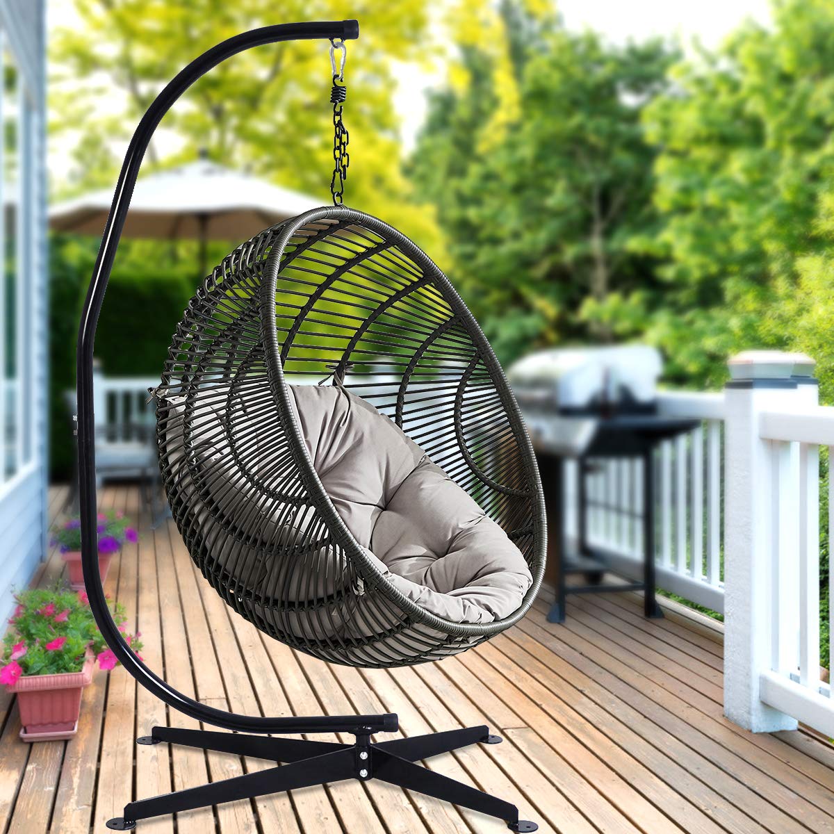 RELAX4LIFE Support Fauteuil Suspendu Pied de Hamac en Acier Robuste Revêtu en Noir Capacité Max 150KG Dimension 112x79x205CM