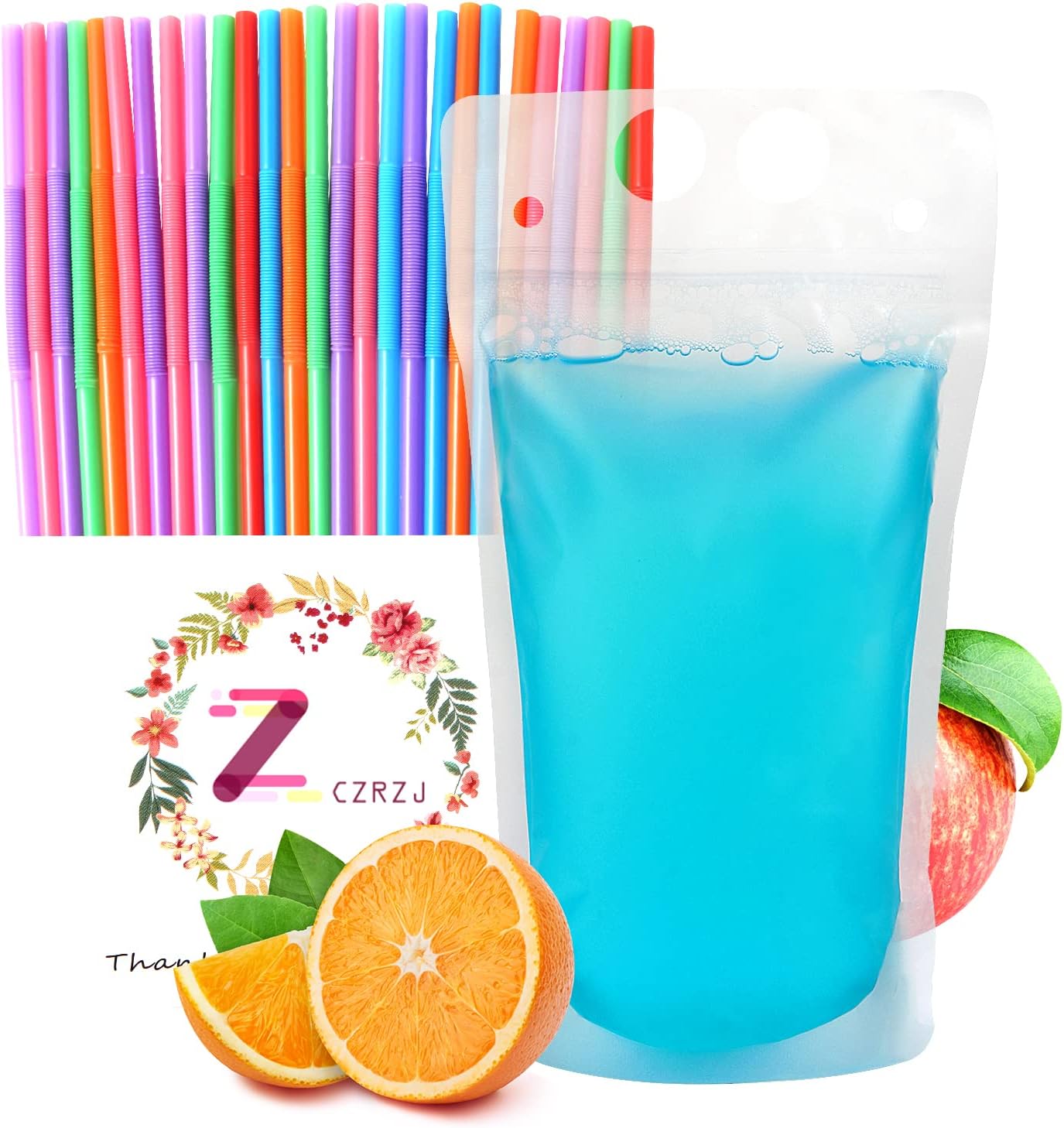 Drink Pouches Heavy Duty Hand-held Reclosable Zipper Stand-up Heat-proof Plastic Pouches with Straws, Case of 50