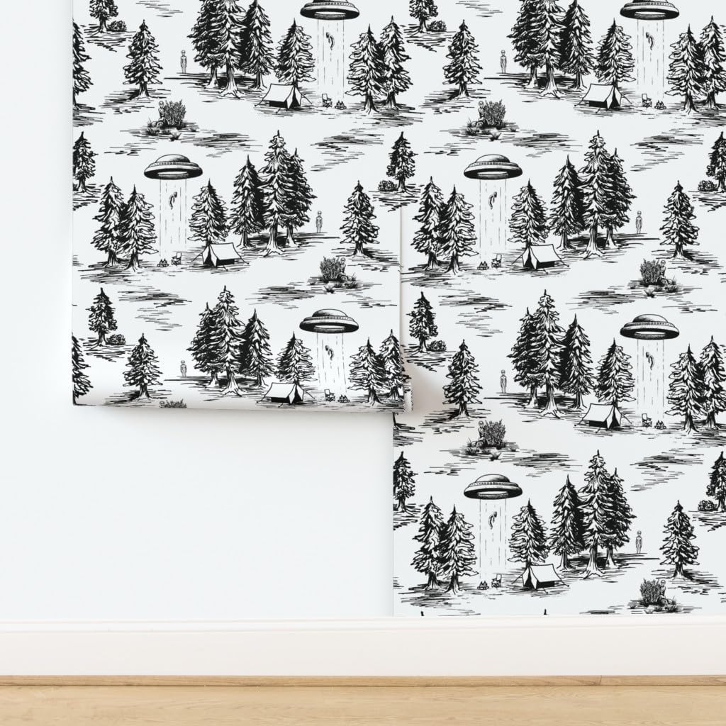 Spoonflower Removable Wallpaper 9ft x 2ft - UFO Whimsical Large Scale Black and White Space Alien Abduction Custom Pre-Pasted Wallpaper