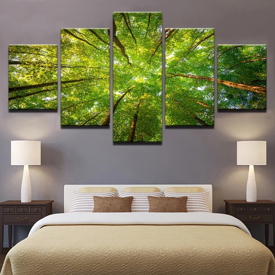 Tableau decoration murale salon en 5 parties forêt ensoleillée grand format avec cadre