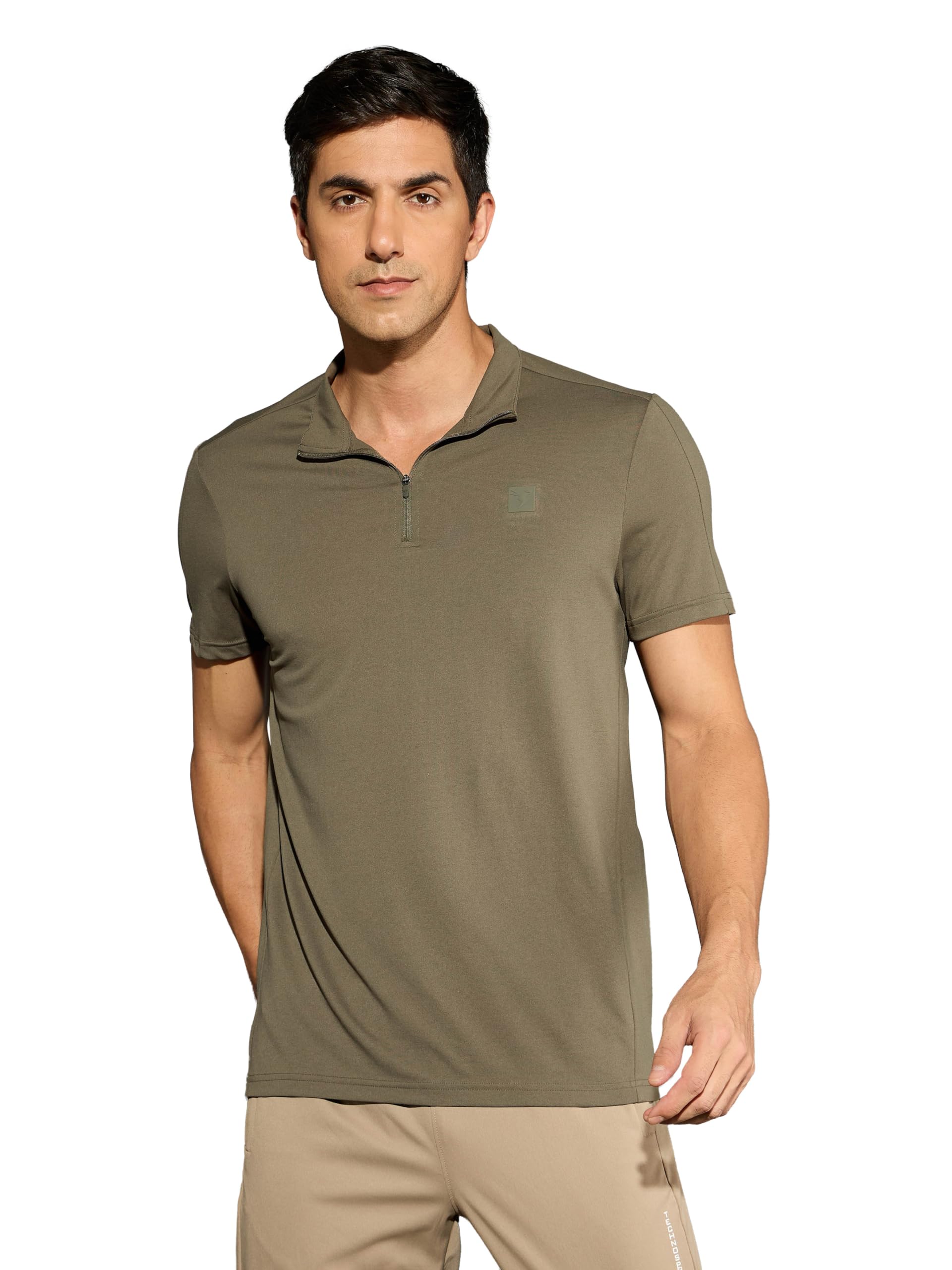 TECHNOSPORT Men's Solid Slim Fit Mock Neck T-Shirt COTFLEX Half Sleeve Zip Polyester for Gym Running Workout UPF50+ Anti Odour-picture-23