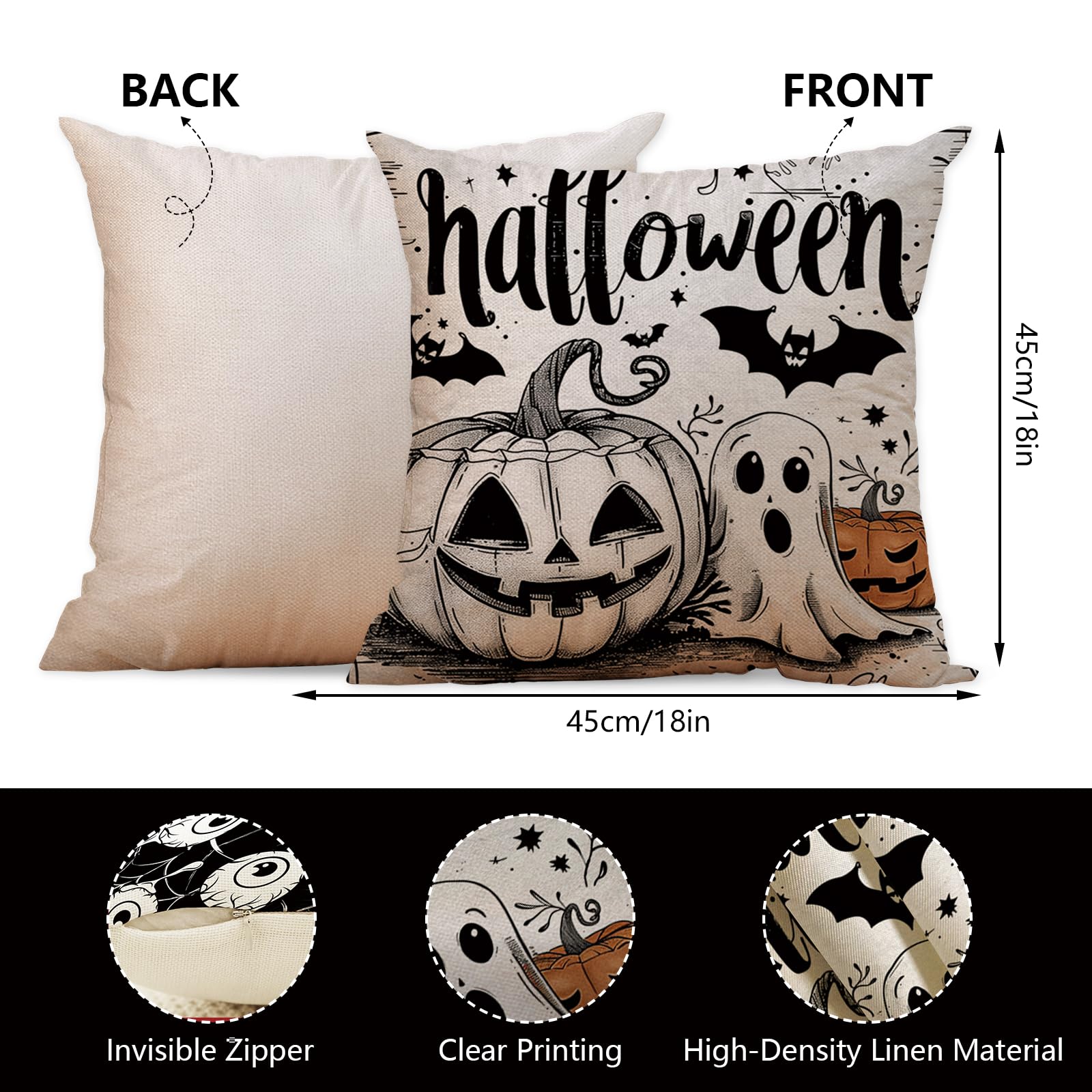 AIBIIN Halloween Cushion Covers Set of 4 for Halloween Indoor Outdoor Decorations Pumpkin Ghost Bat Spider Web Linen Pillow Case for Sofa Couch Home Bedroom 45x45cm - Image 2