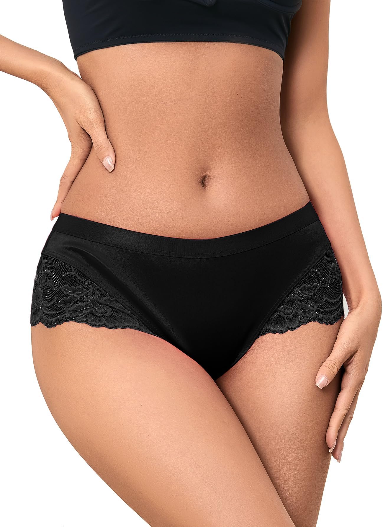 Women Sexy Lace Satin Silk Panties Underwear Mid Waist Breathable Bikini Briefs