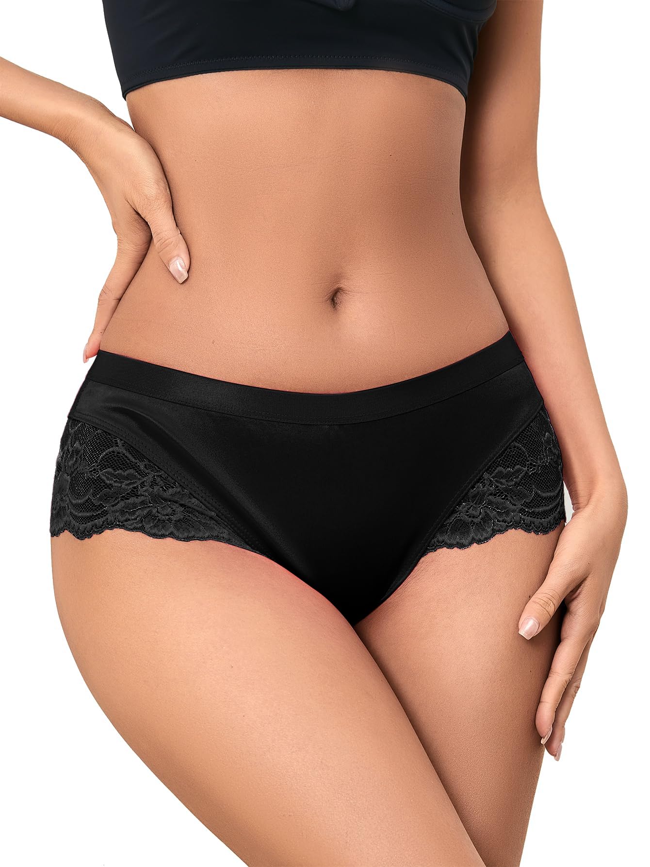 MilumiaWomen Sexy Lace Satin Silk Panties Underwear Mid Waist Breathable Bikini Briefs