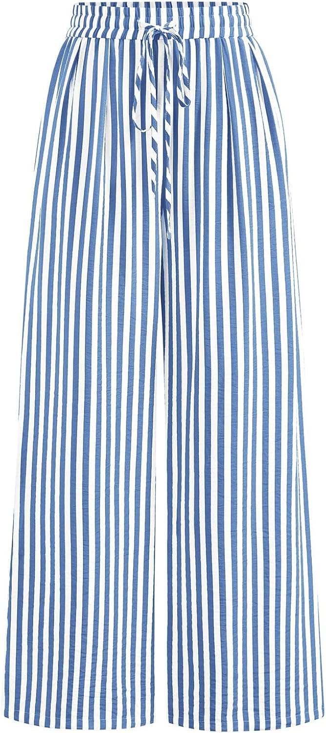  Womens Pants Elastic Waist Striped Lightweight Palazzo Pant thumbnail