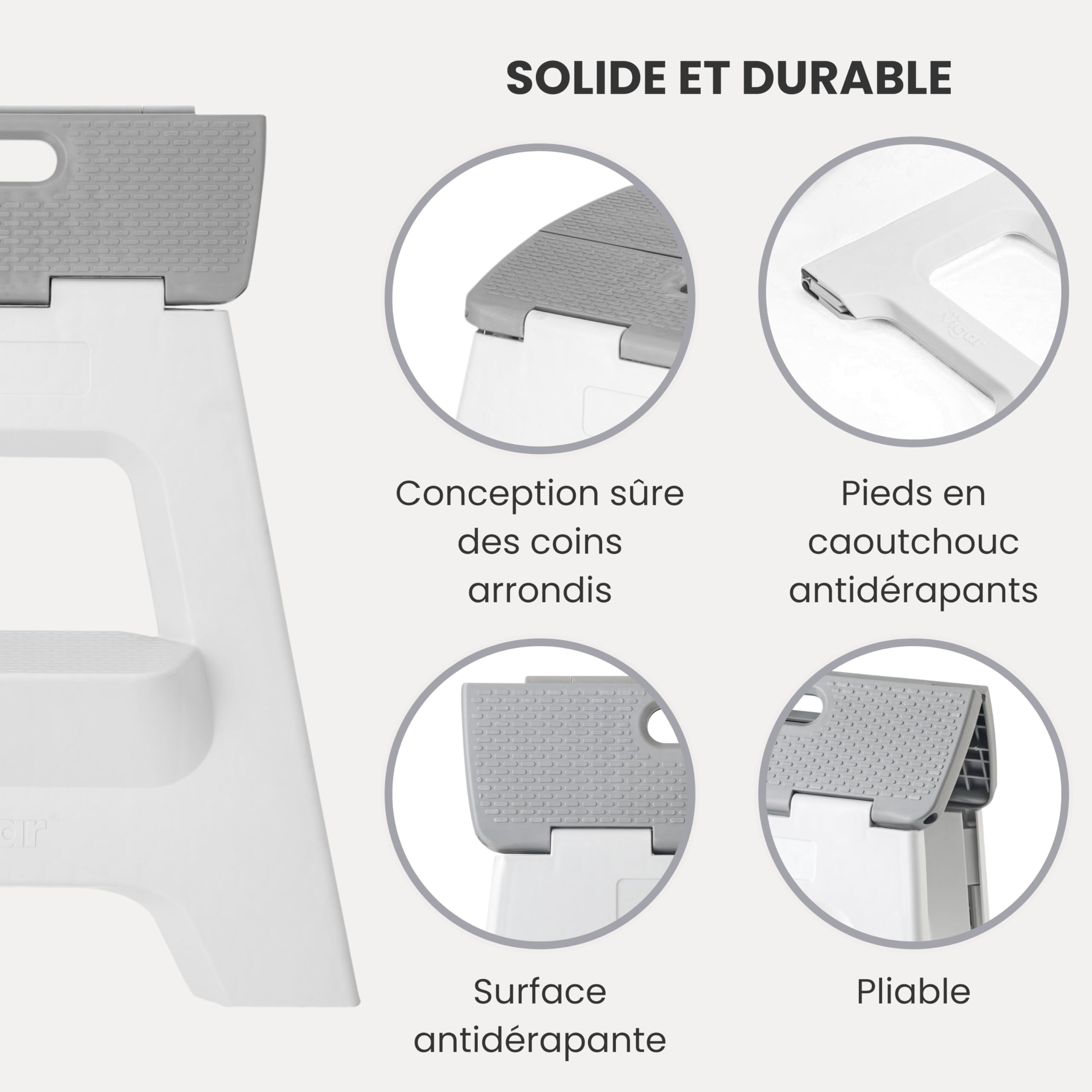 Vigar Compact Tabouret Pliant pour Adultes, 40 cm Marche Pied Pliable 2 Marches, Antidérapant Escabeau pour Salle de Bain, Toilette, Jardinage, Kitchen, House, Bureau, Supporte jusqu'à 150 kg, Gris